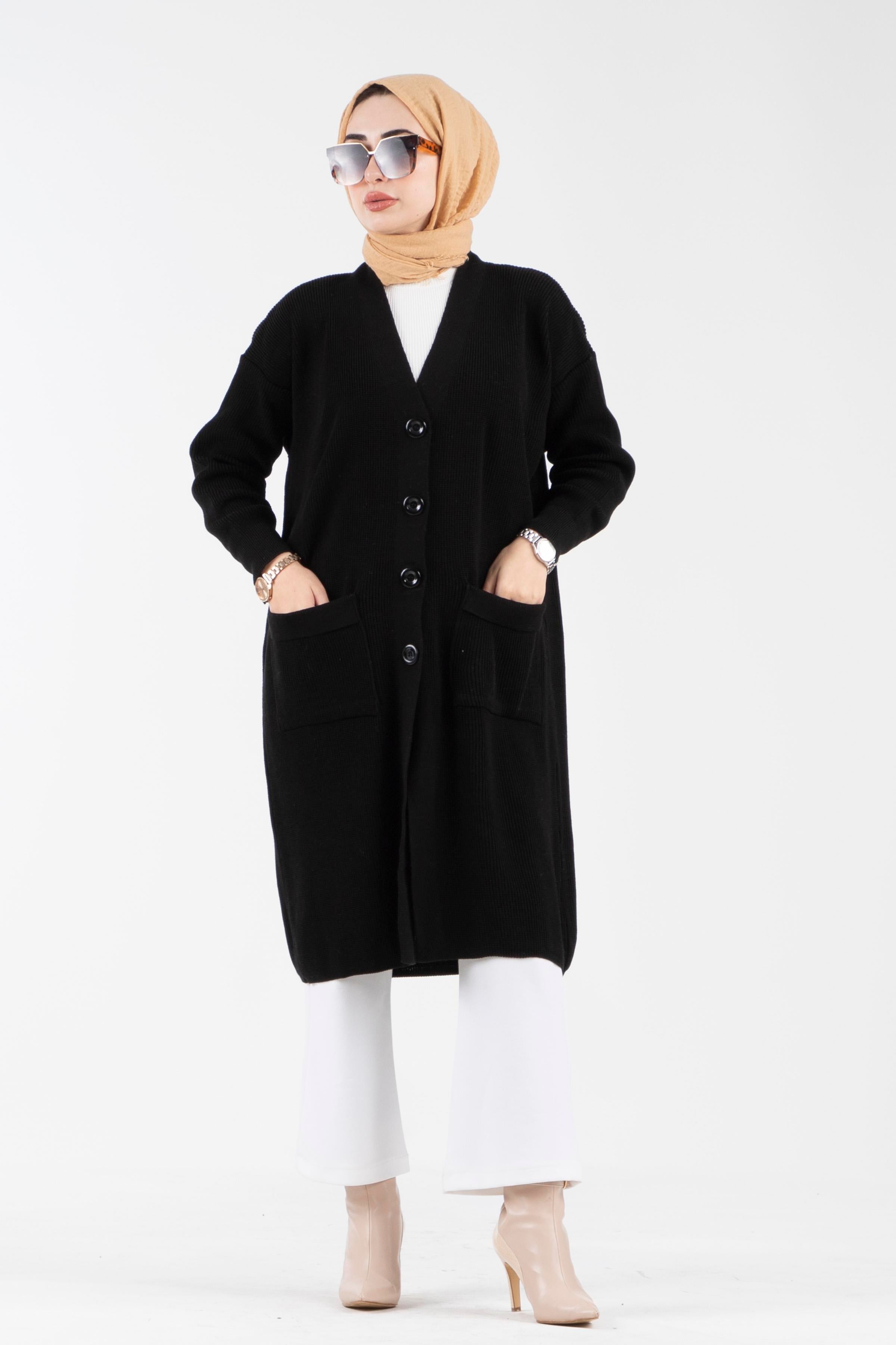 Oversize Düğmeli Triko Hırka-Siyah