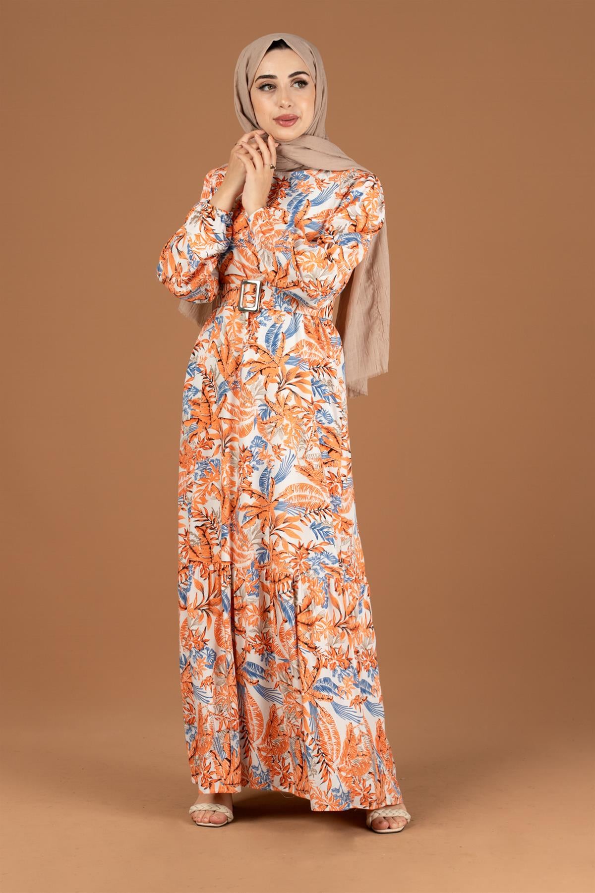 Palm Pattern Coating Viscose Belted Dress-Orange