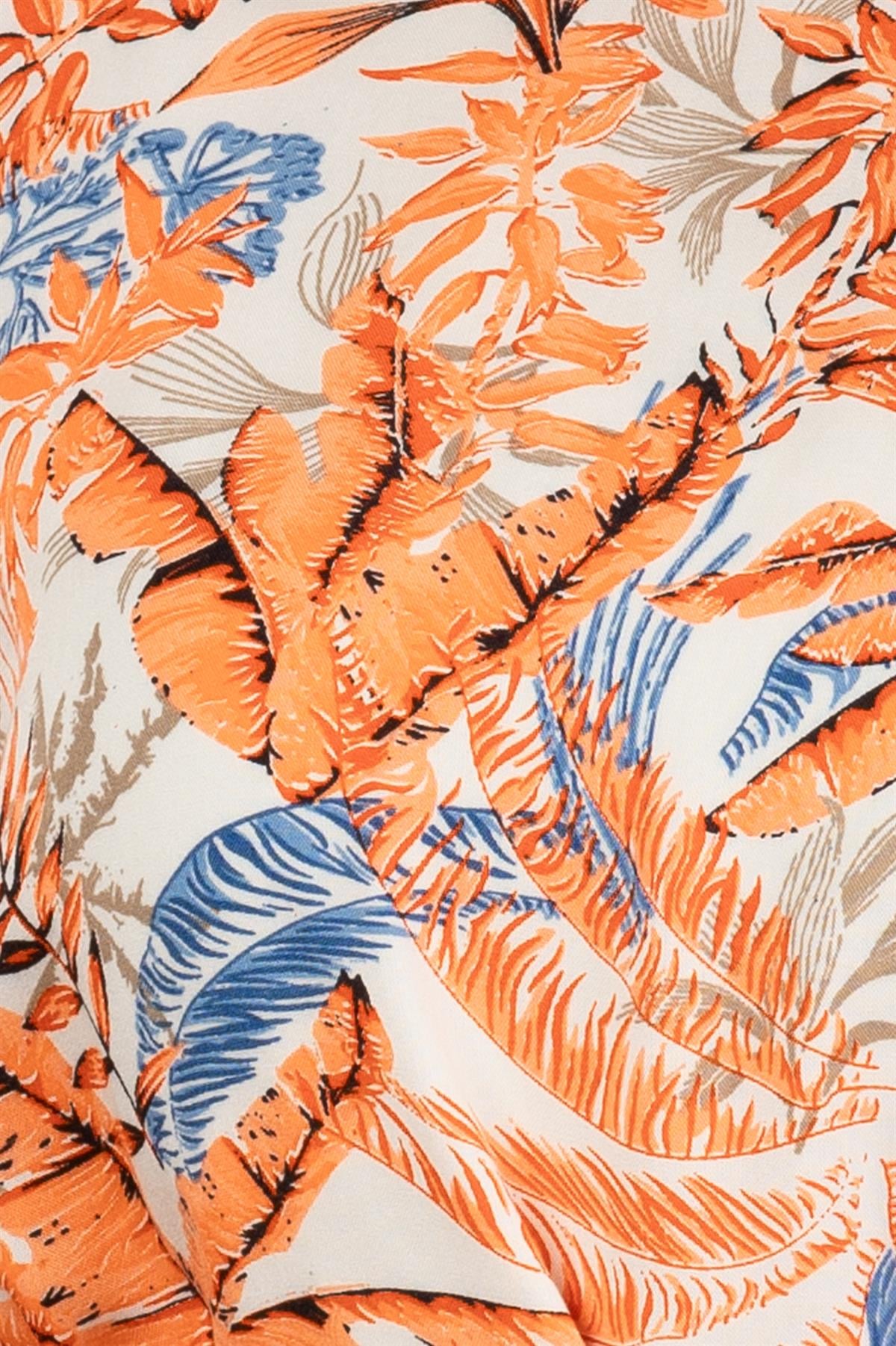 Palm Pattern Coating Viscose Belted Dress-Orange