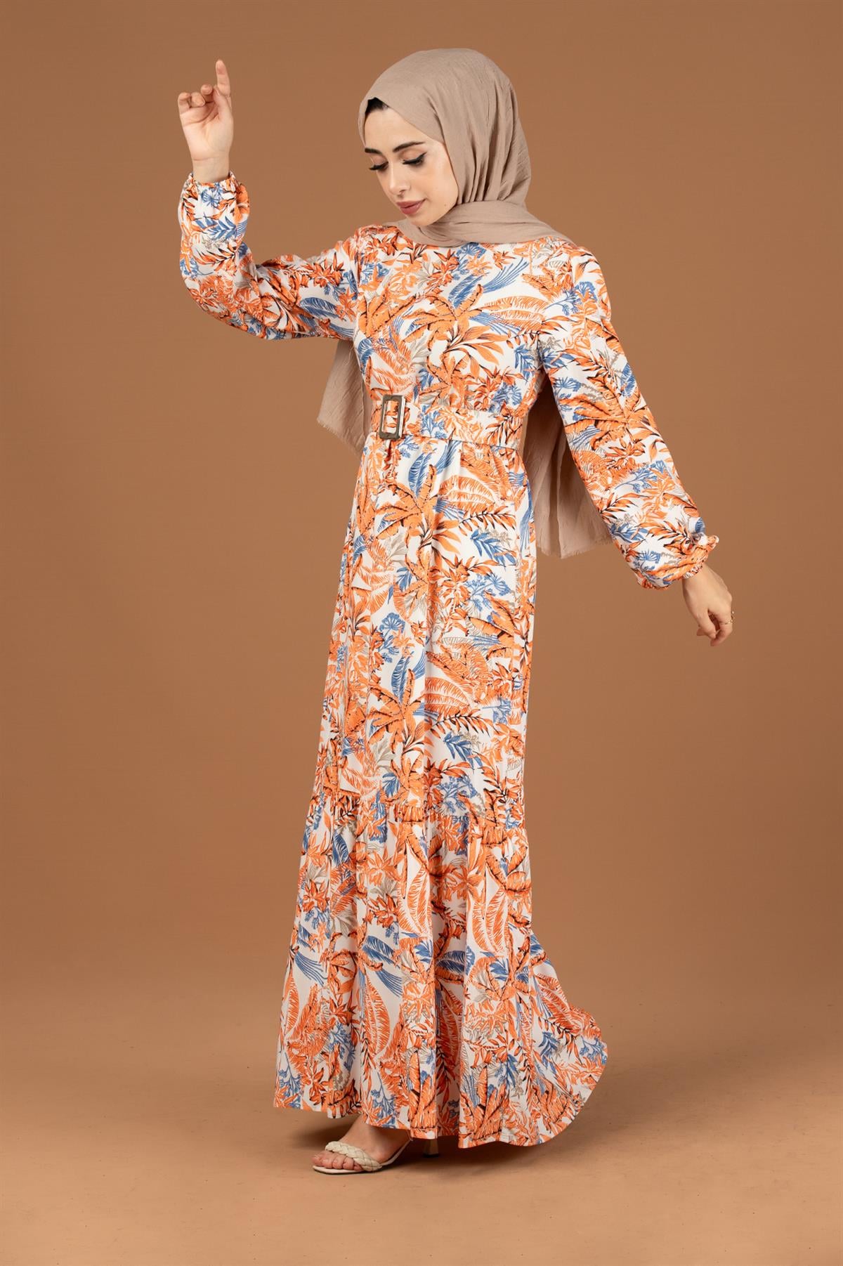 Palm Pattern Coating Viscose Belted Dress-Orange