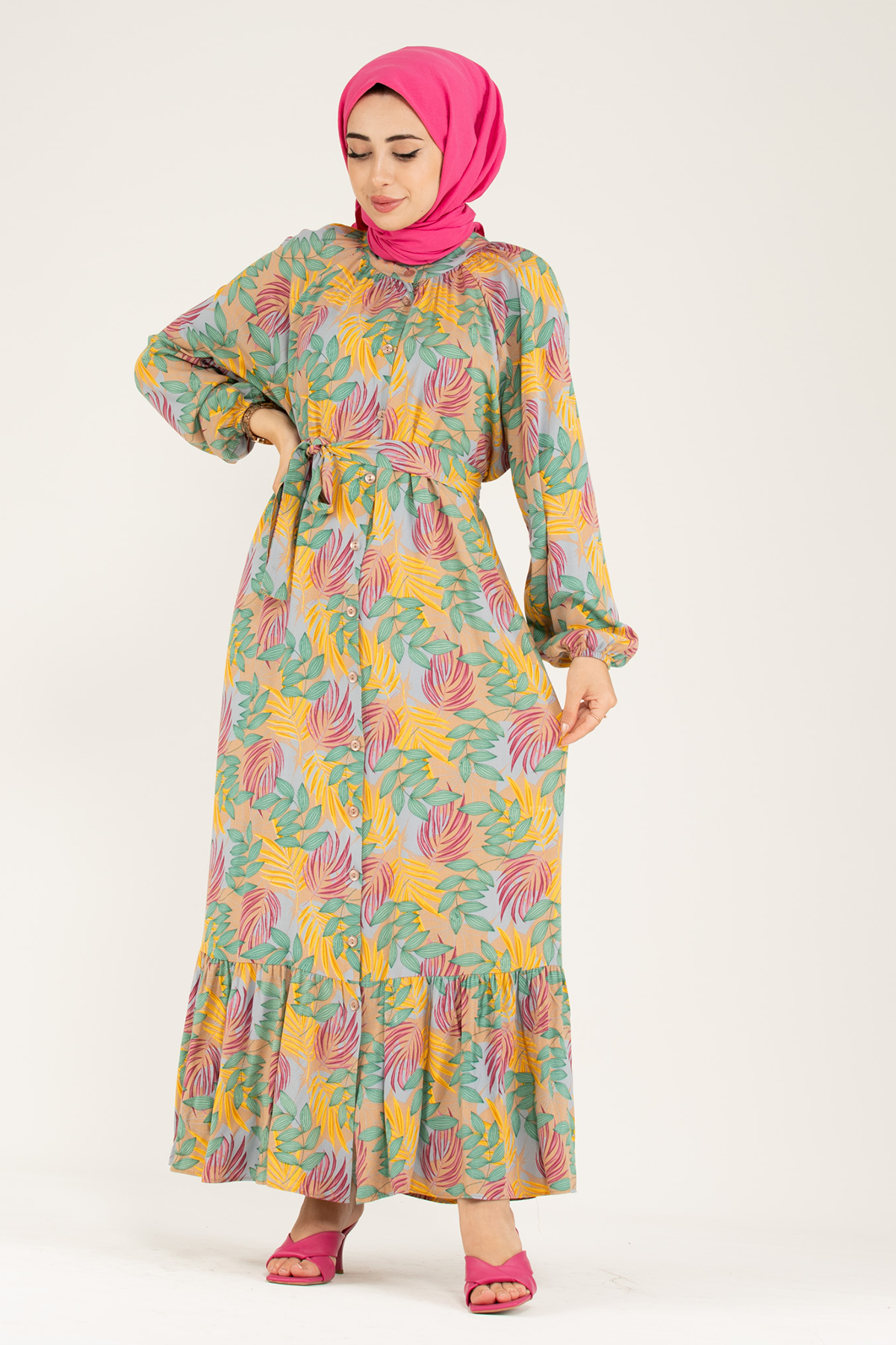 Palm Patterned Dress-Yellow