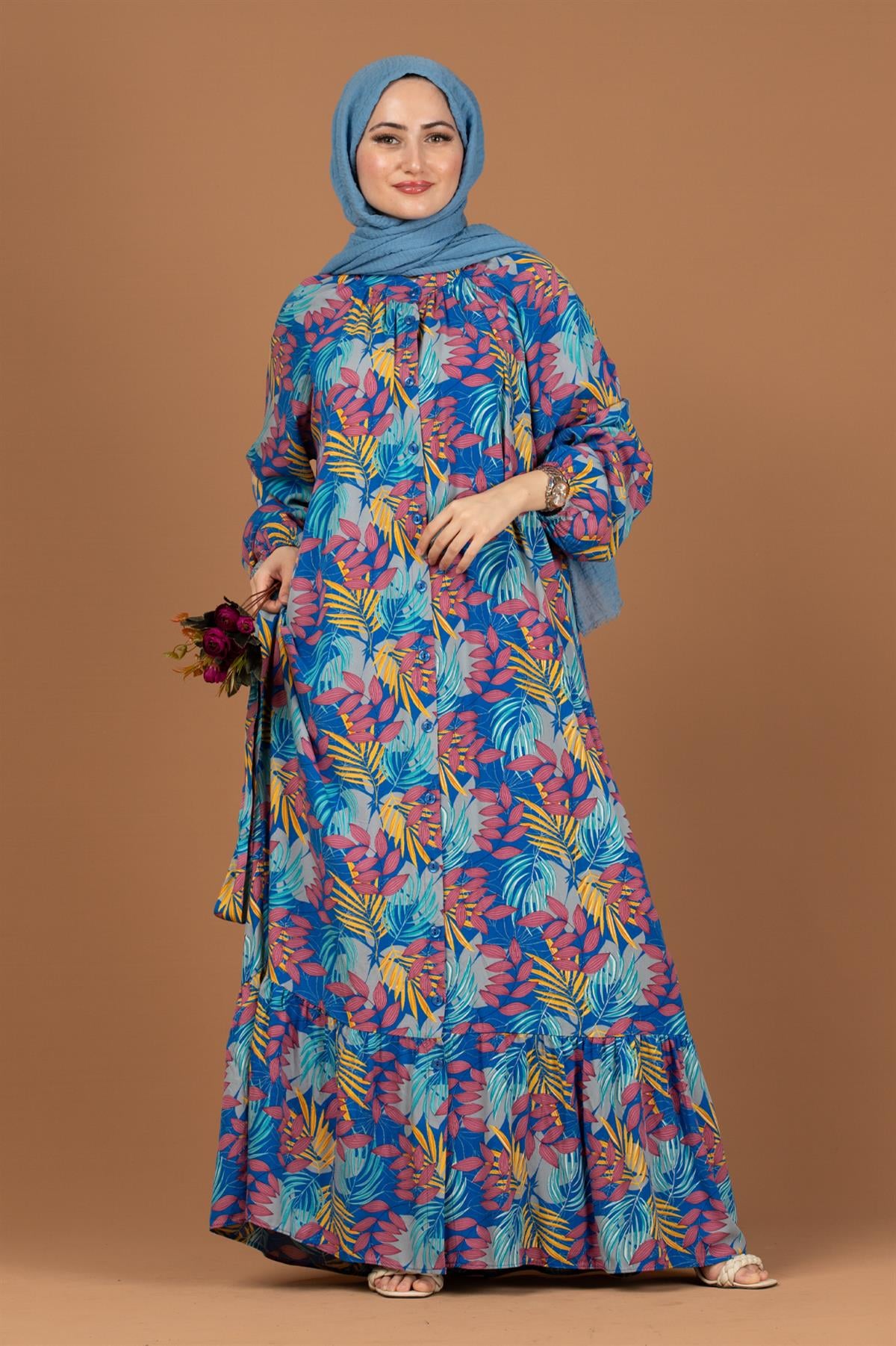 Palm Patterned Dress-Blue