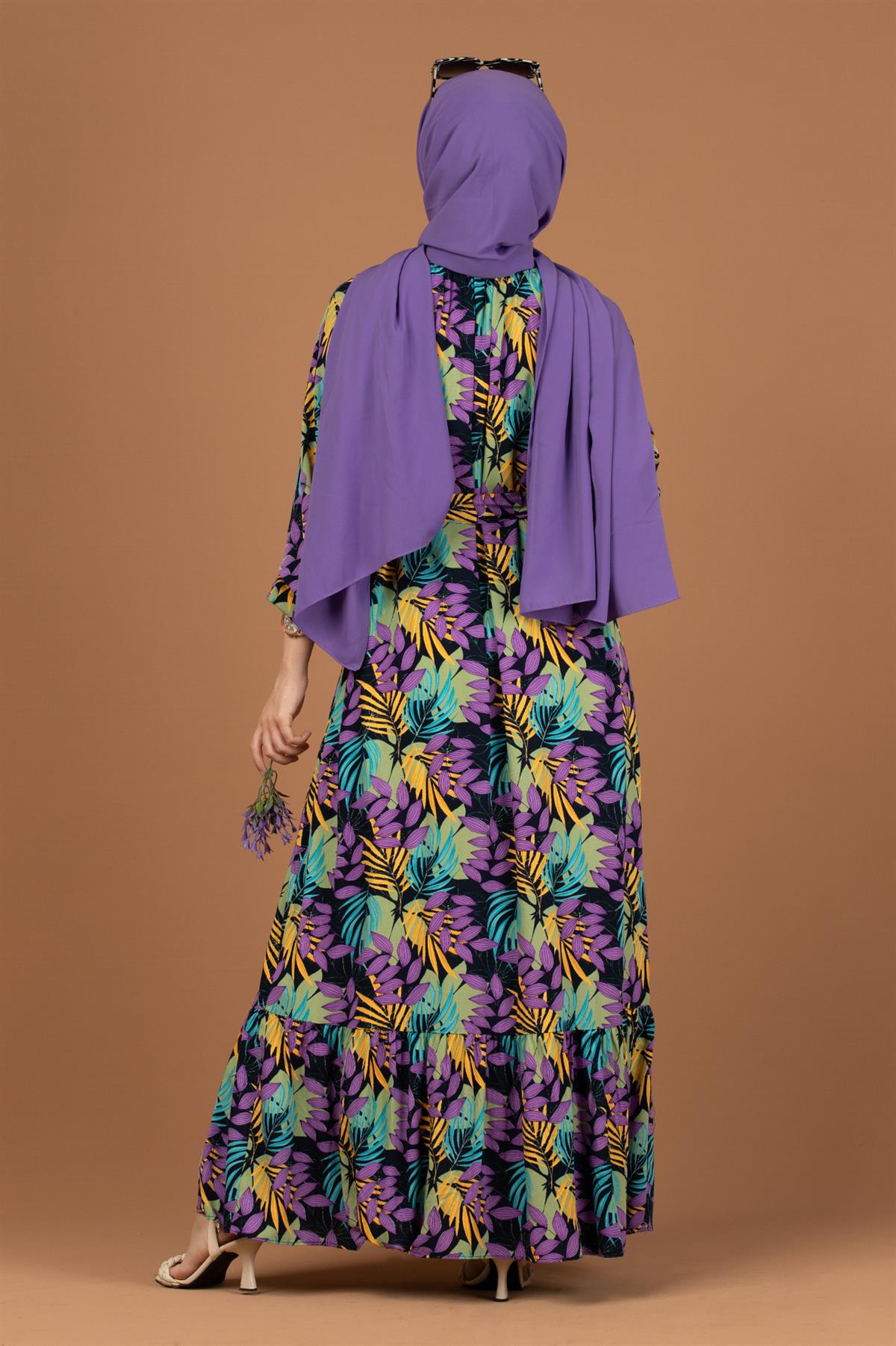 Palm Patterned Dress-Purple