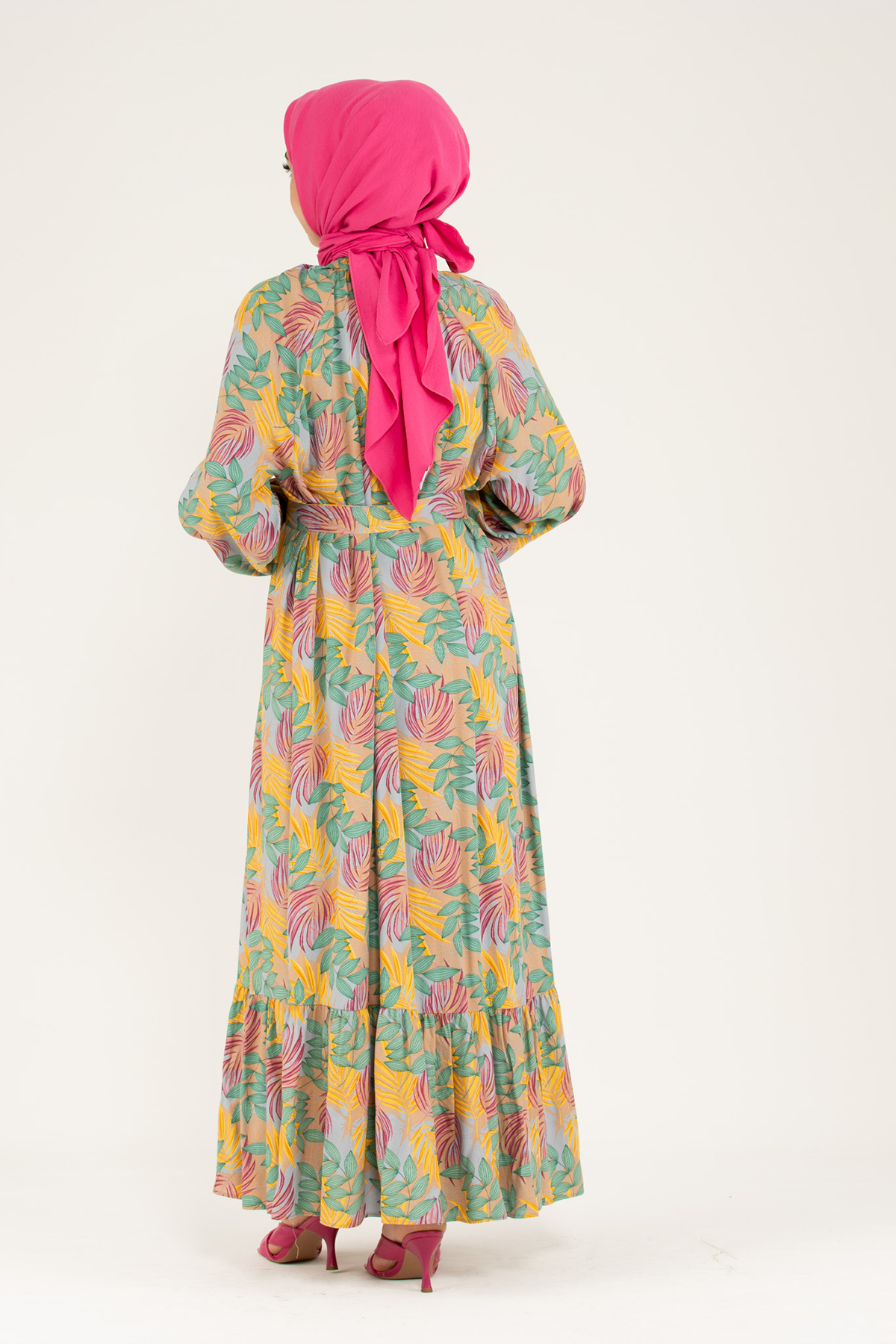 Palm Patterned Dress-Yellow