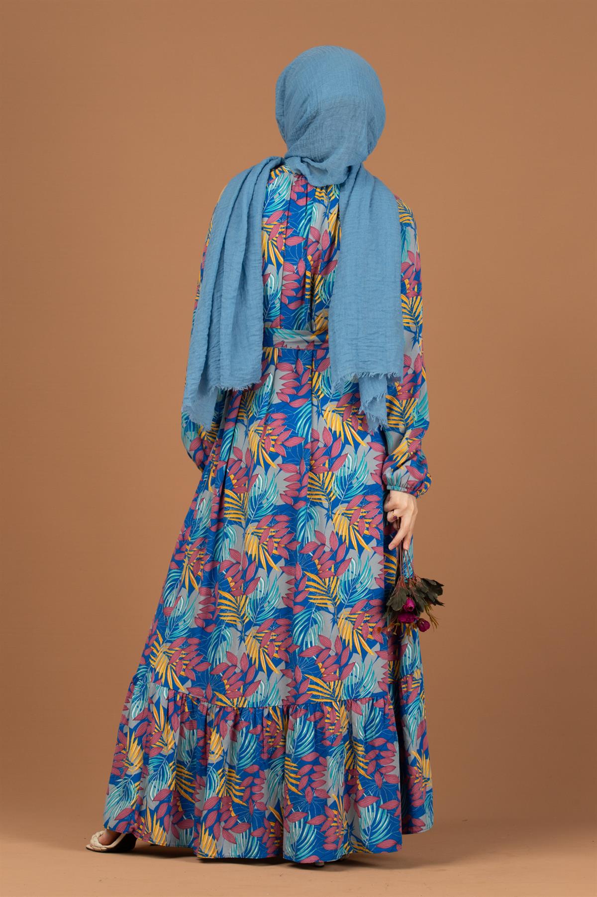 Palm Patterned Dress-Blue