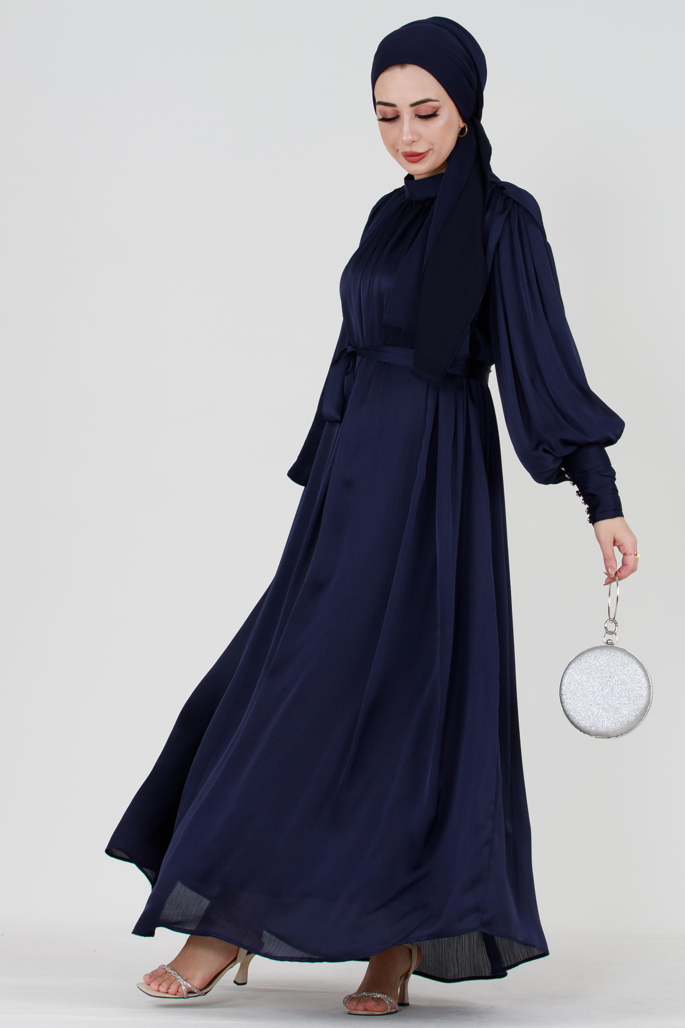 Navy Modest Evening Gown with Detailed Cape and Pearl Sleeves