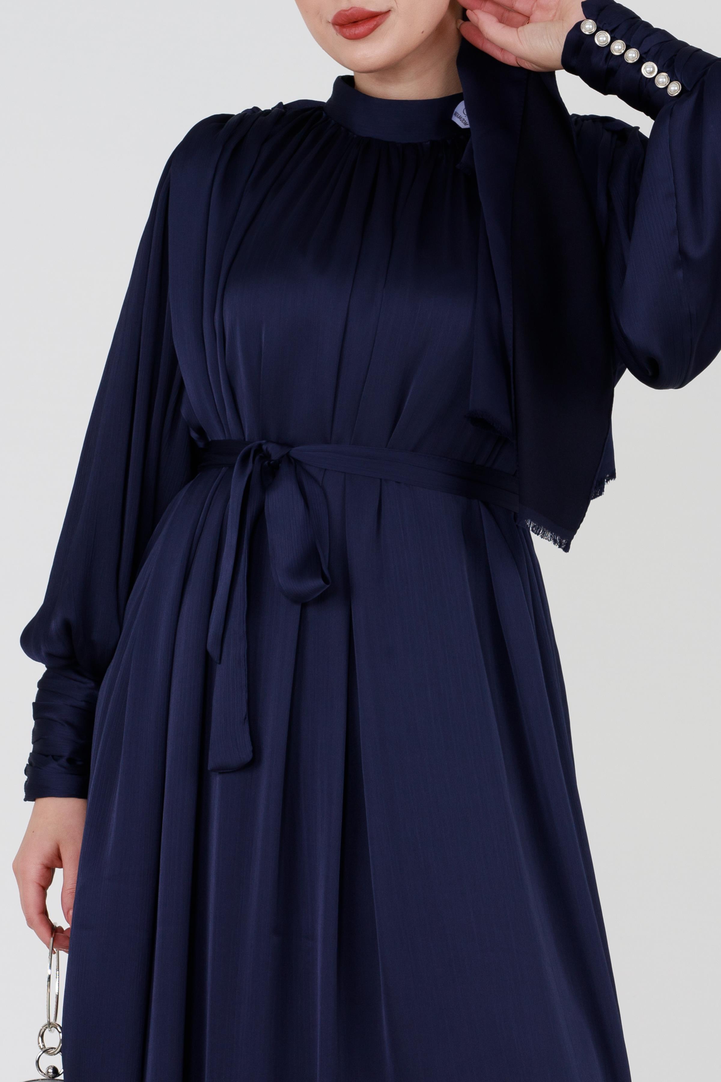Navy Modest Evening Gown with Detailed Cape and Pearl Sleeves