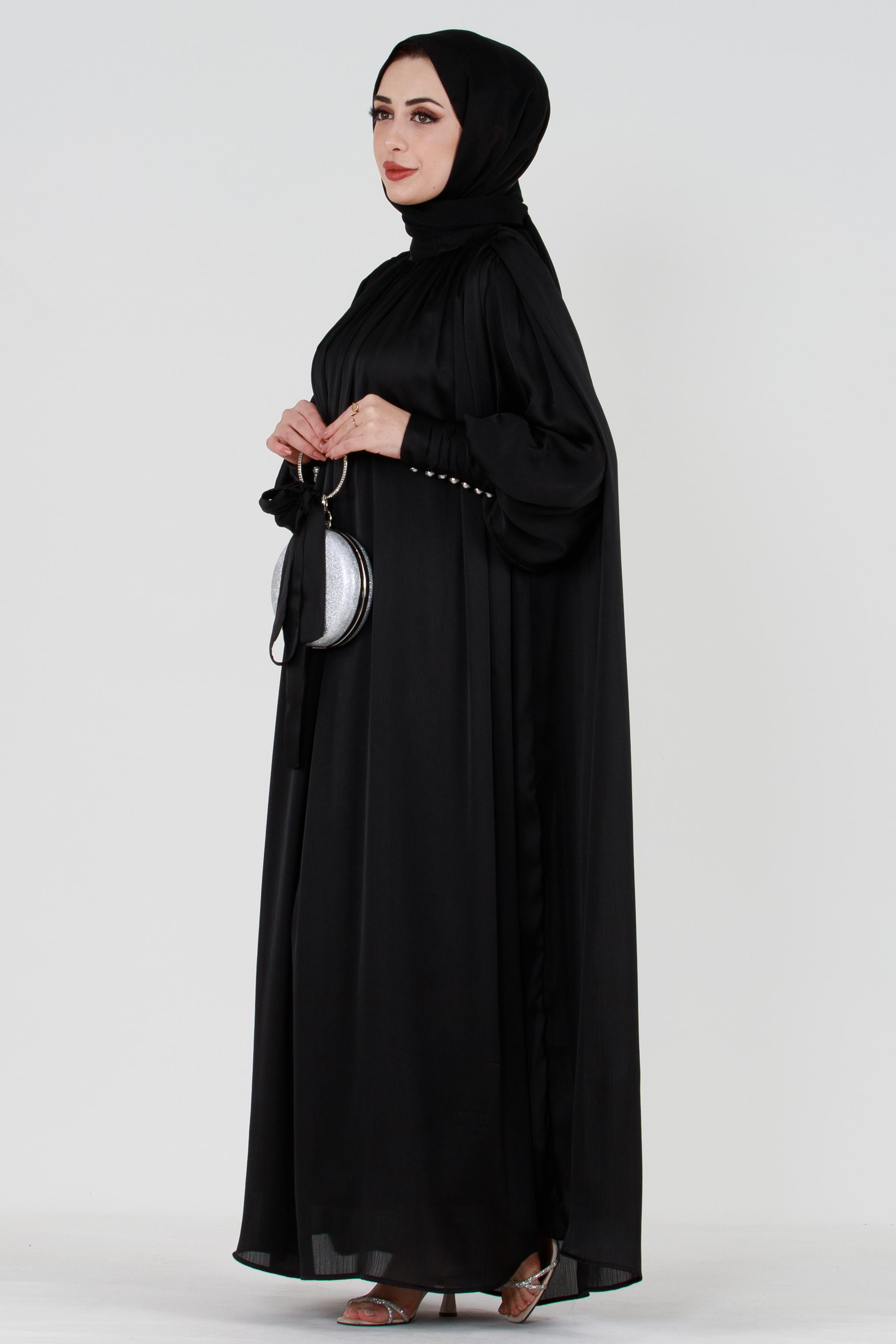 Black Modest Evening Gown with Detailed Cape and Pearl Sleeves.
