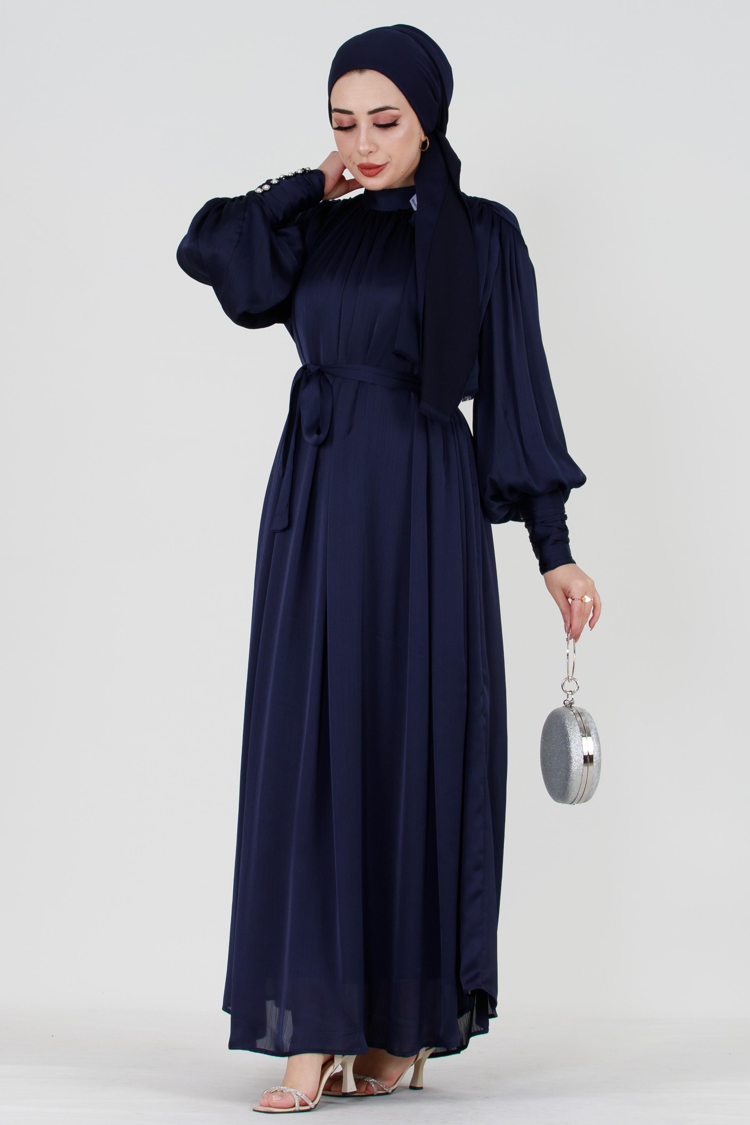 Navy Modest Evening Gown with Detailed Cape and Pearl Sleeves