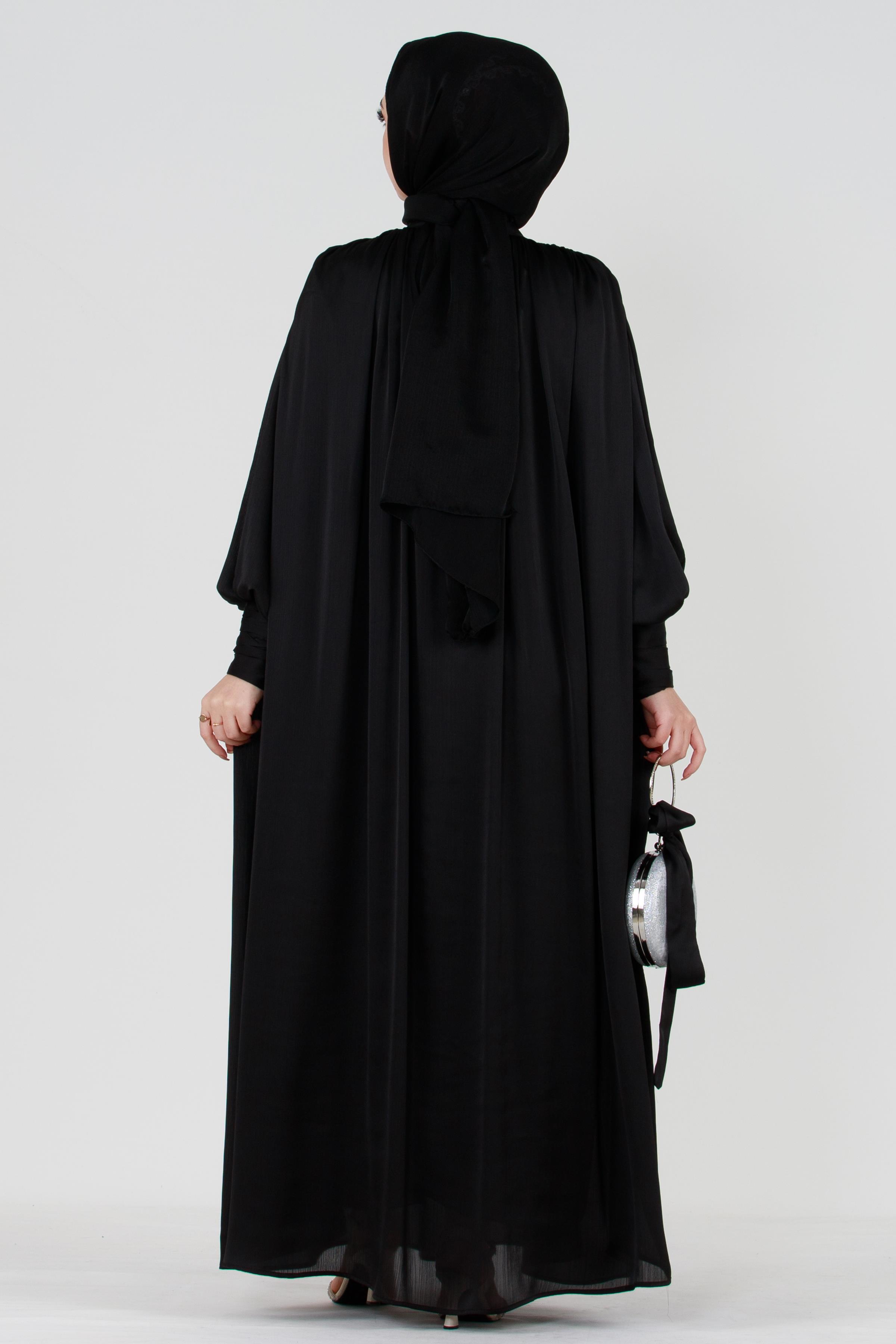 Black Modest Evening Gown with Detailed Cape and Pearl Sleeves.