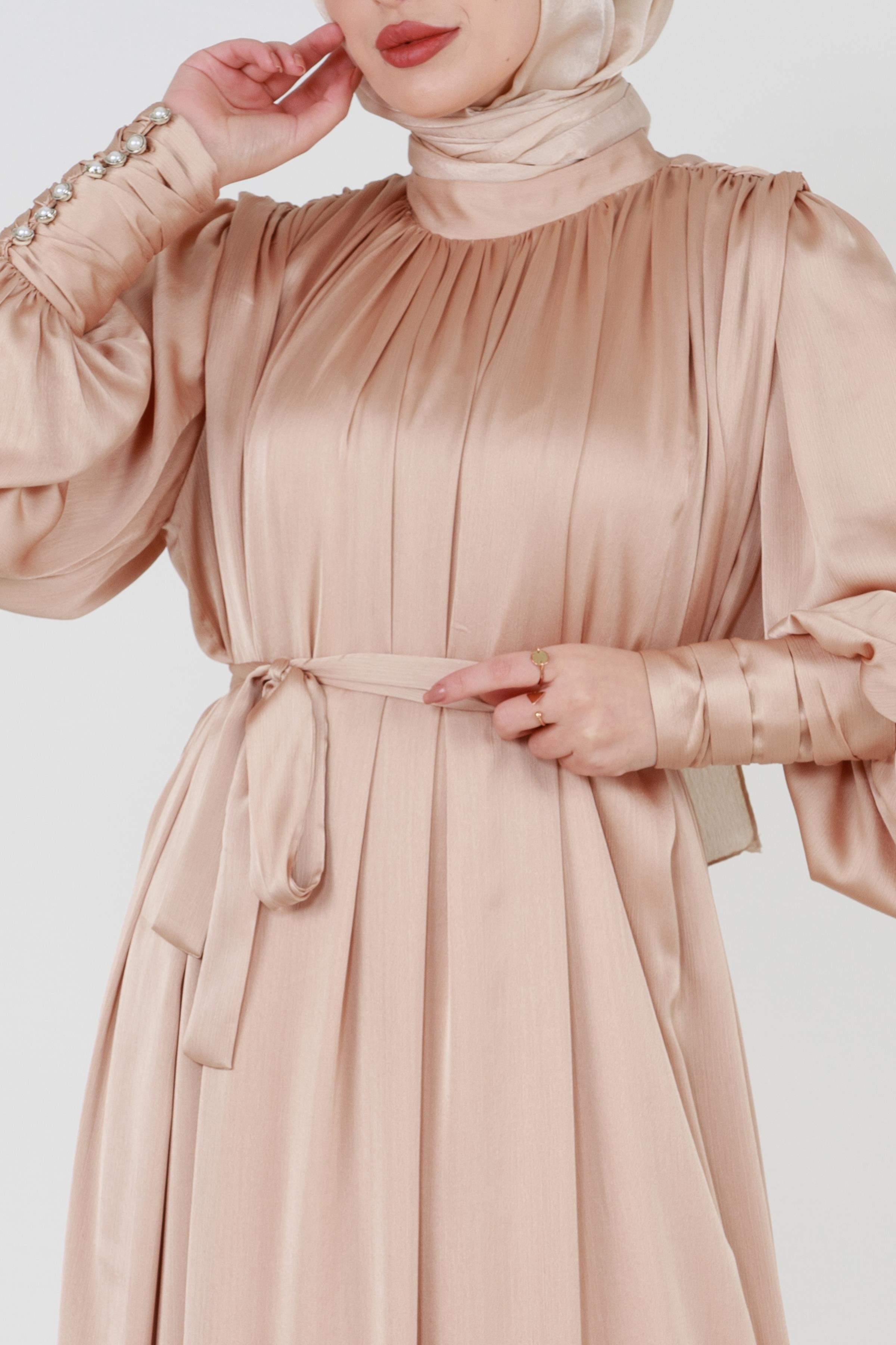 Beige Modest Evening Gown with Detailed Cape and Pearl Sleeves