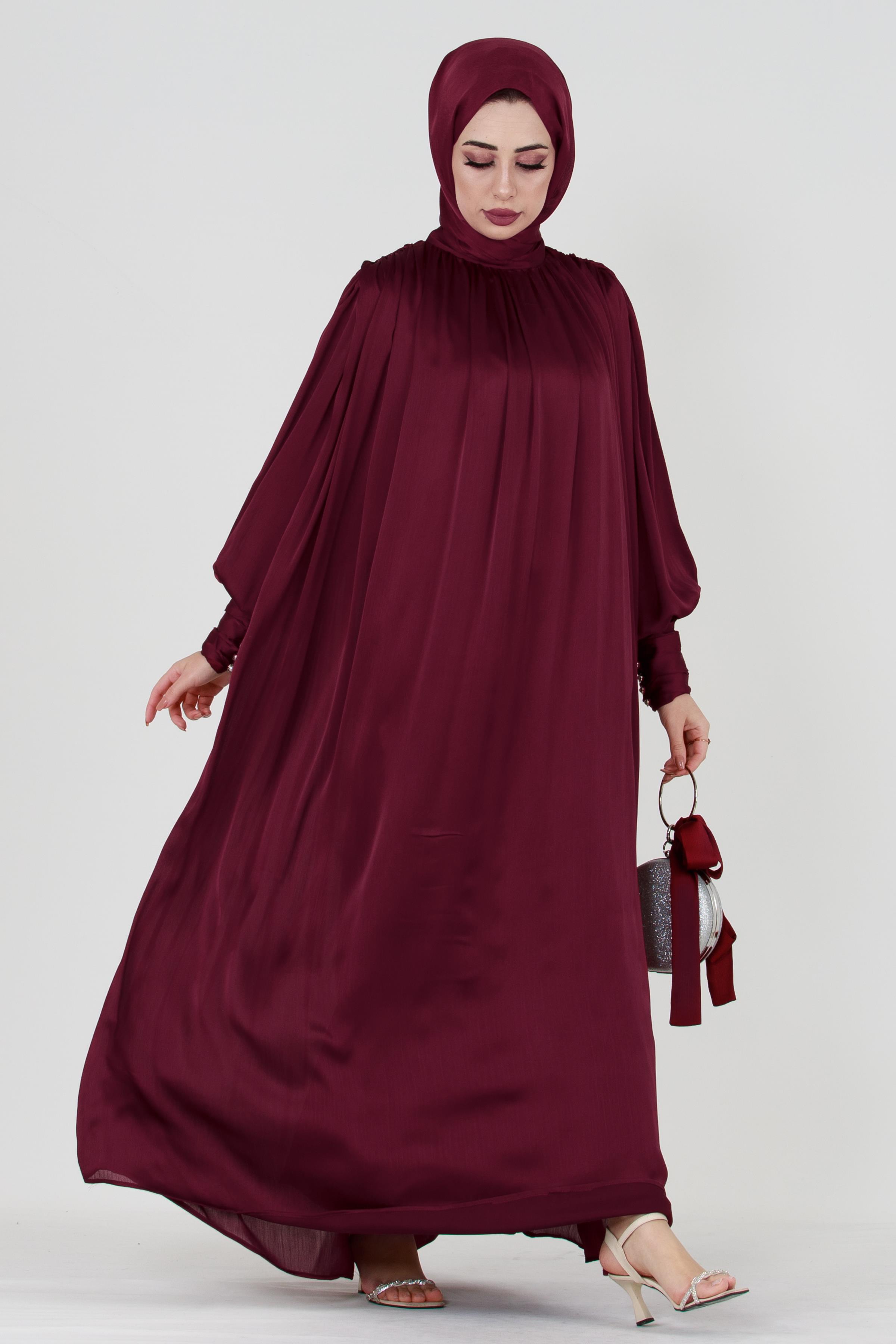 Burgundy Modest Evening Gown with Detailed Cape and Pearl Sleeves