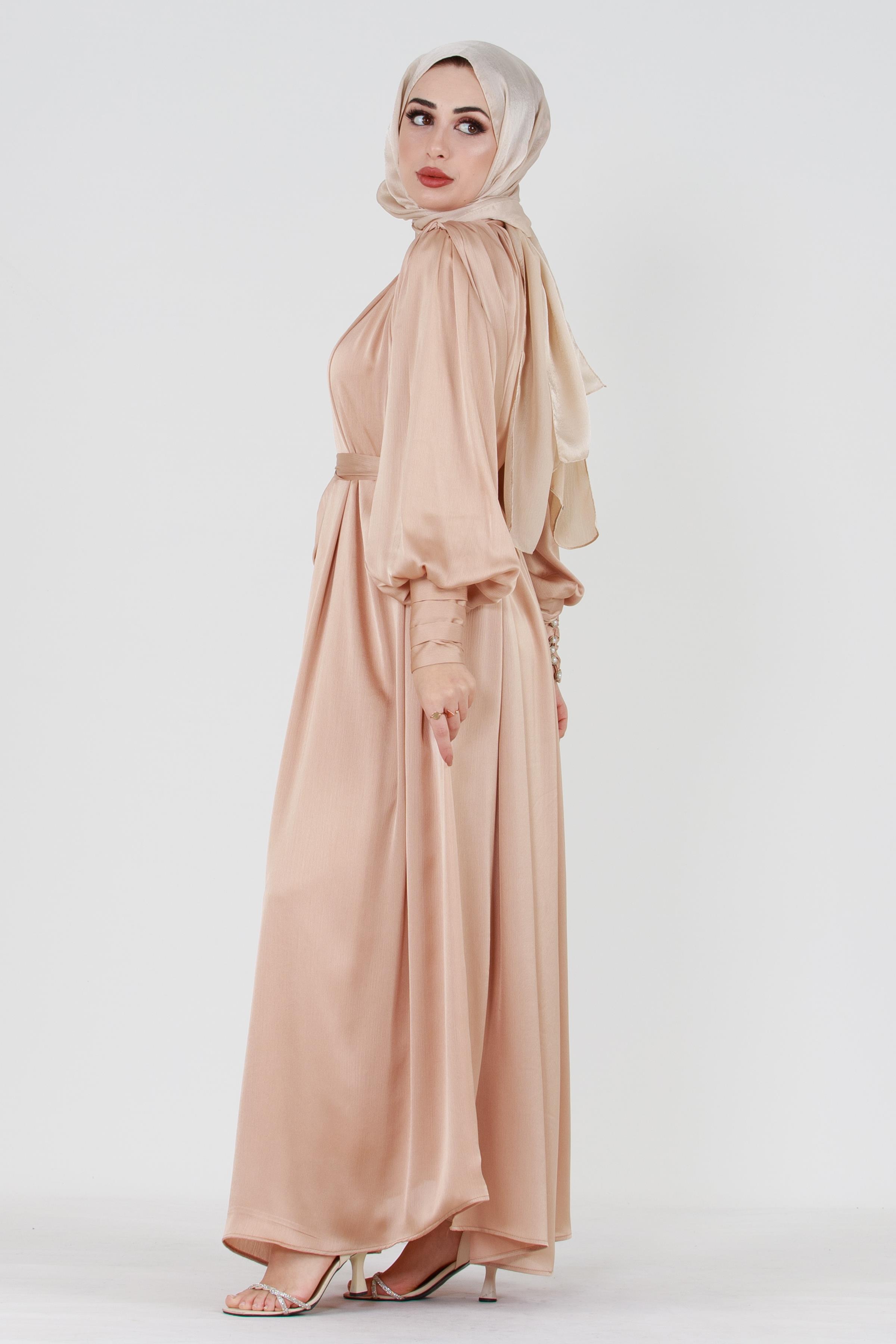 Beige Modest Evening Gown with Detailed Cape and Pearl Sleeves