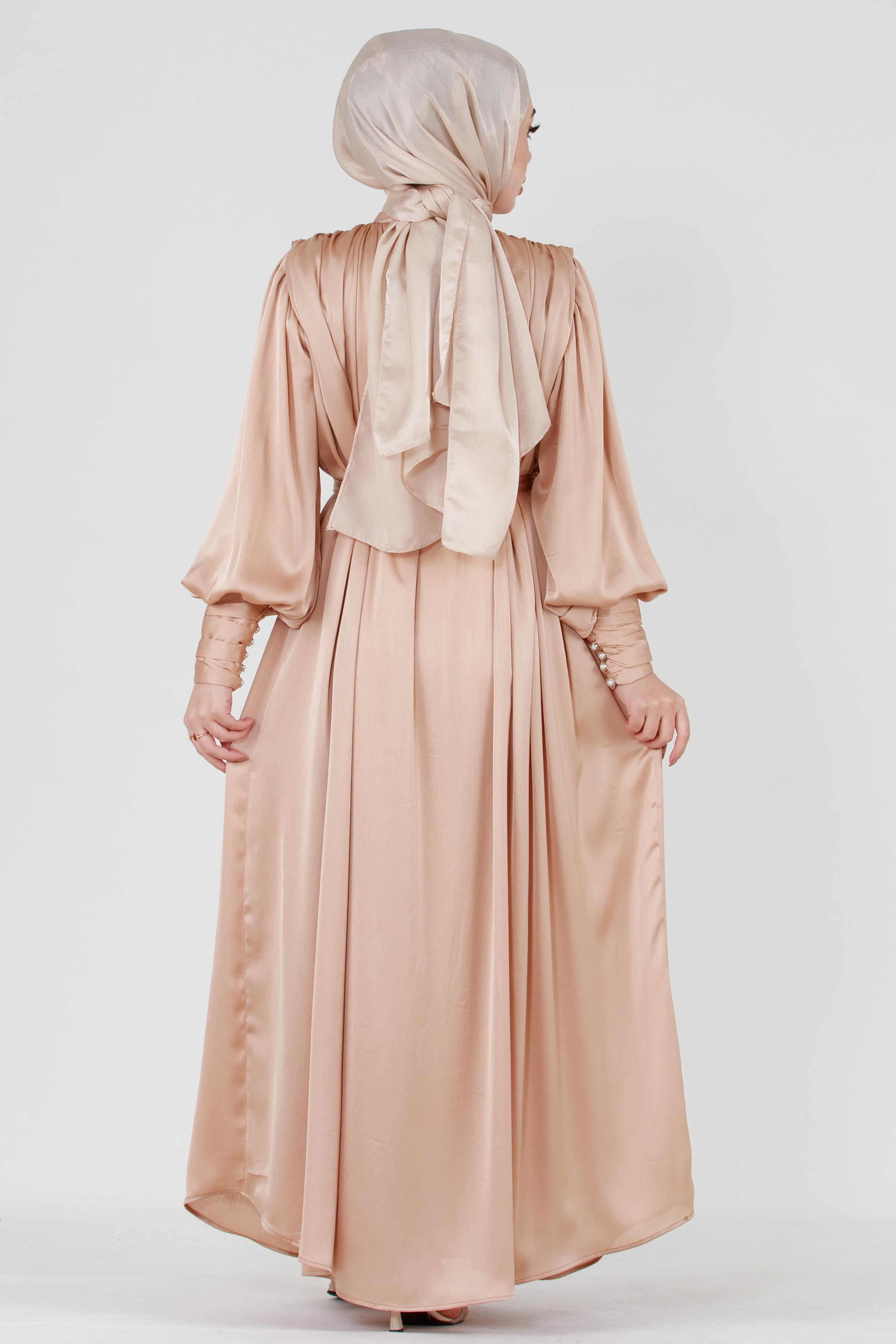 Beige Modest Evening Gown with Detailed Cape and Pearl Sleeves