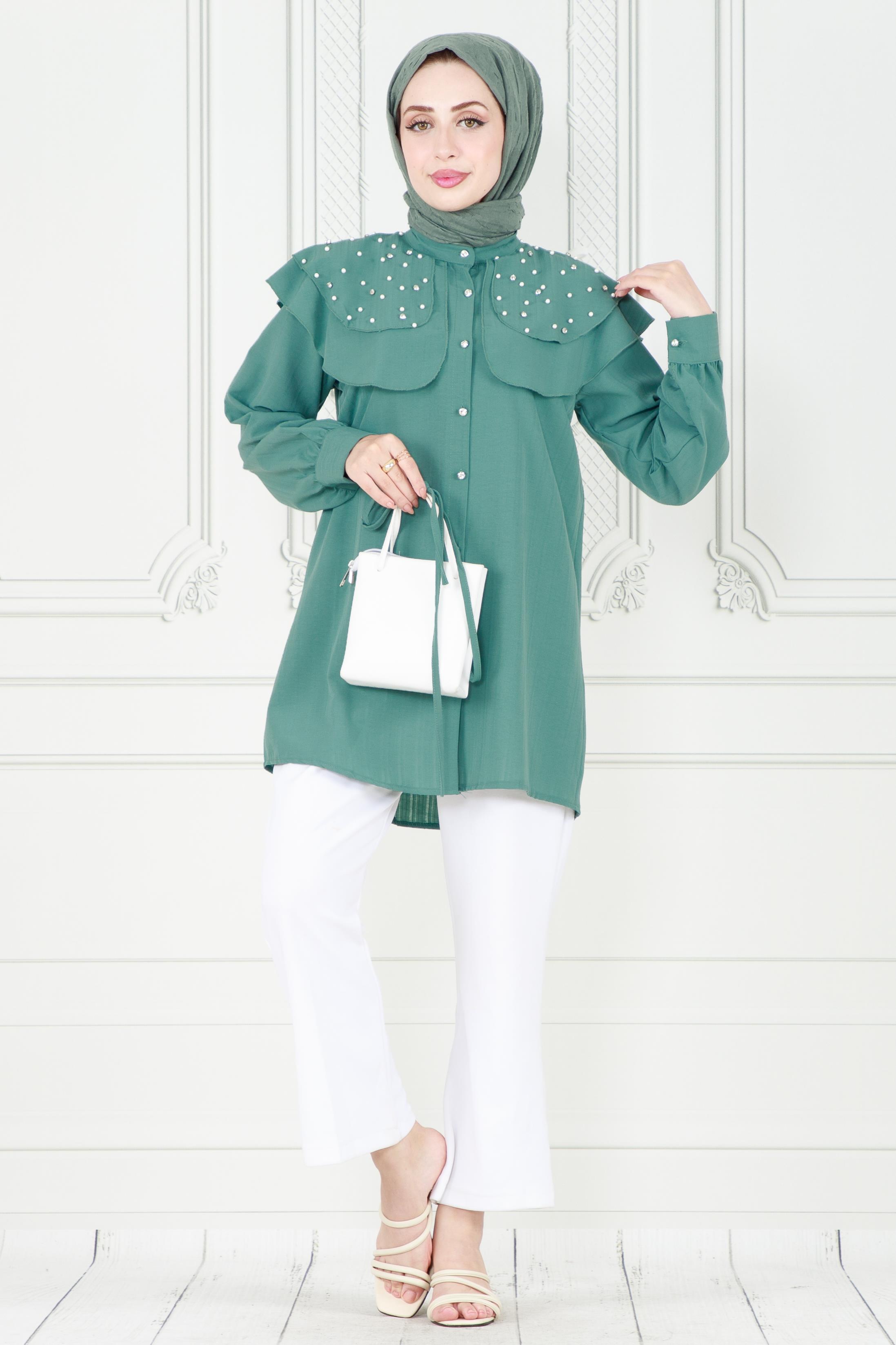Pelerinli İncili Tunik-Mint Yeşili