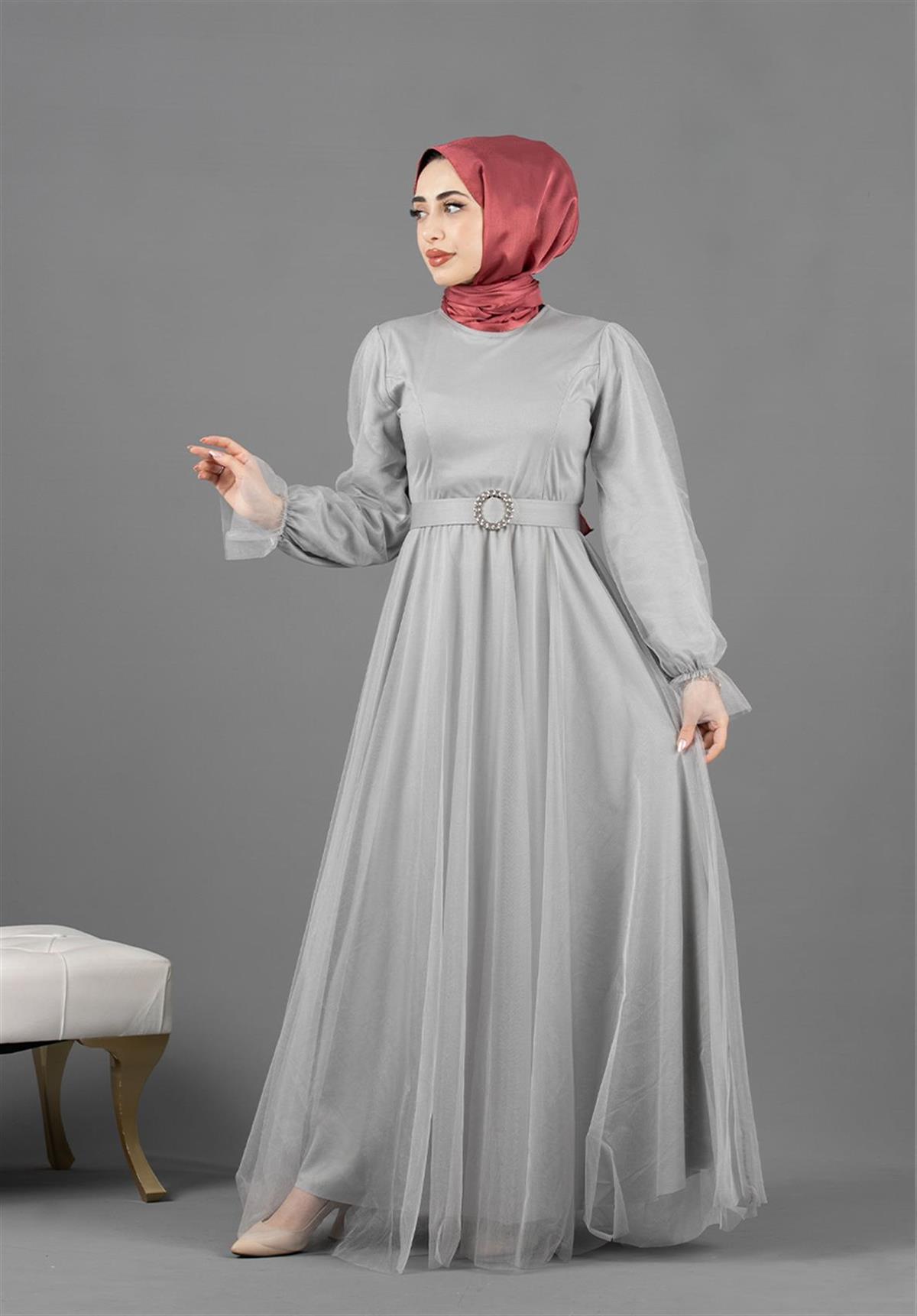فستان سهرة عباية موديل الحورية-اللون الرمادي