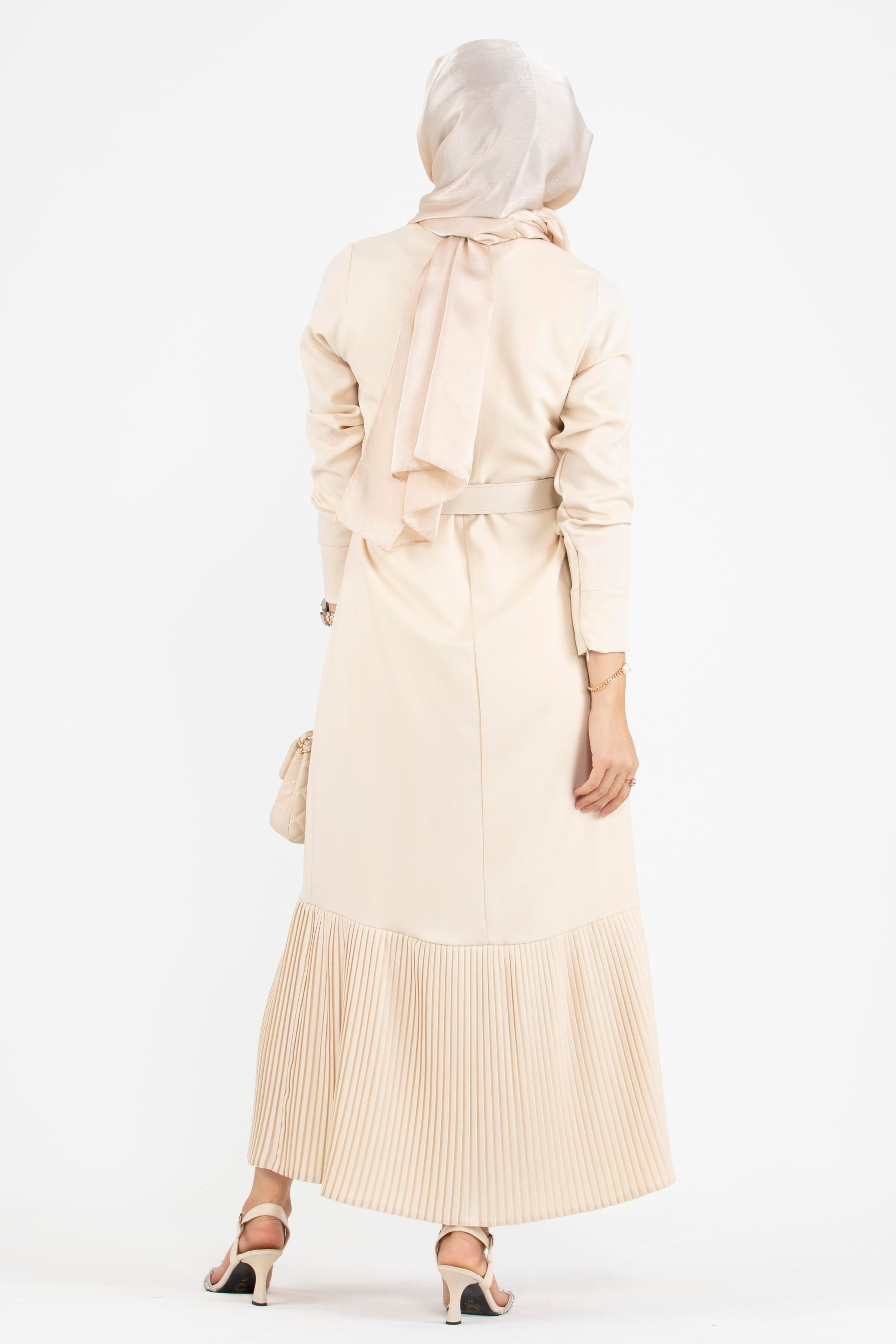 Pleated Detail Belted Dress - Beige