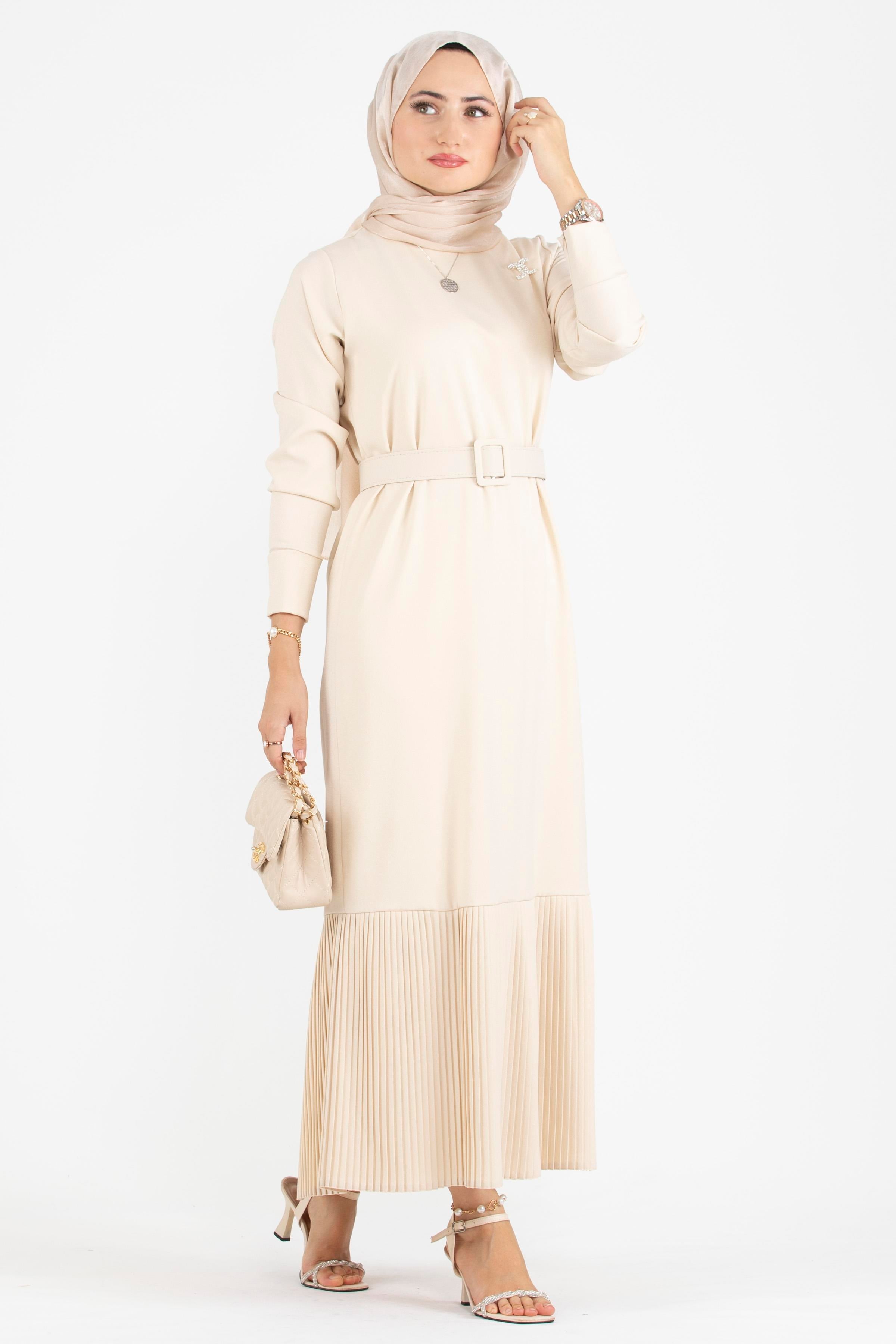 Pleated Detail Belted Dress - Beige