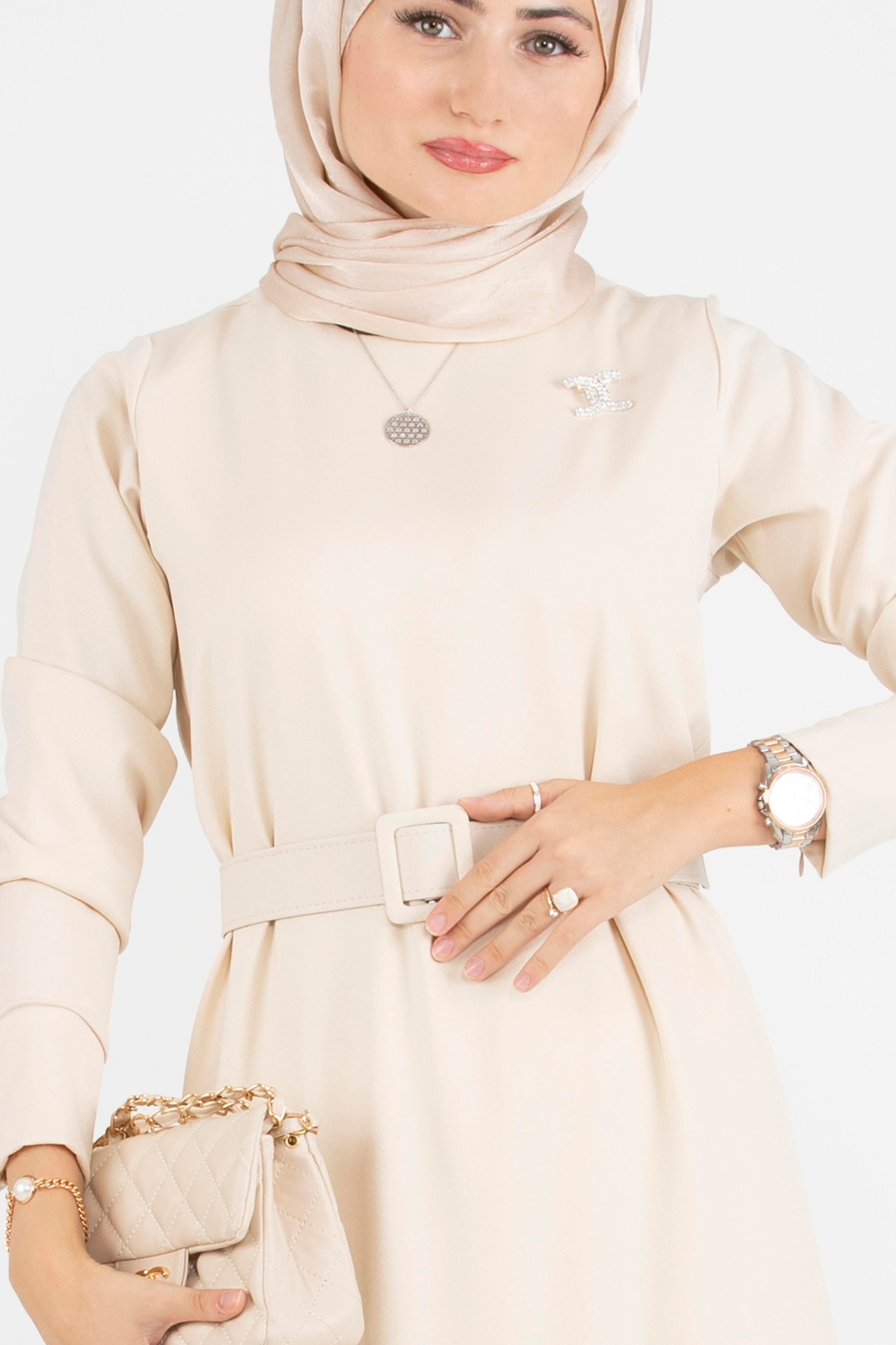 Pleated Detail Belted Dress - Beige