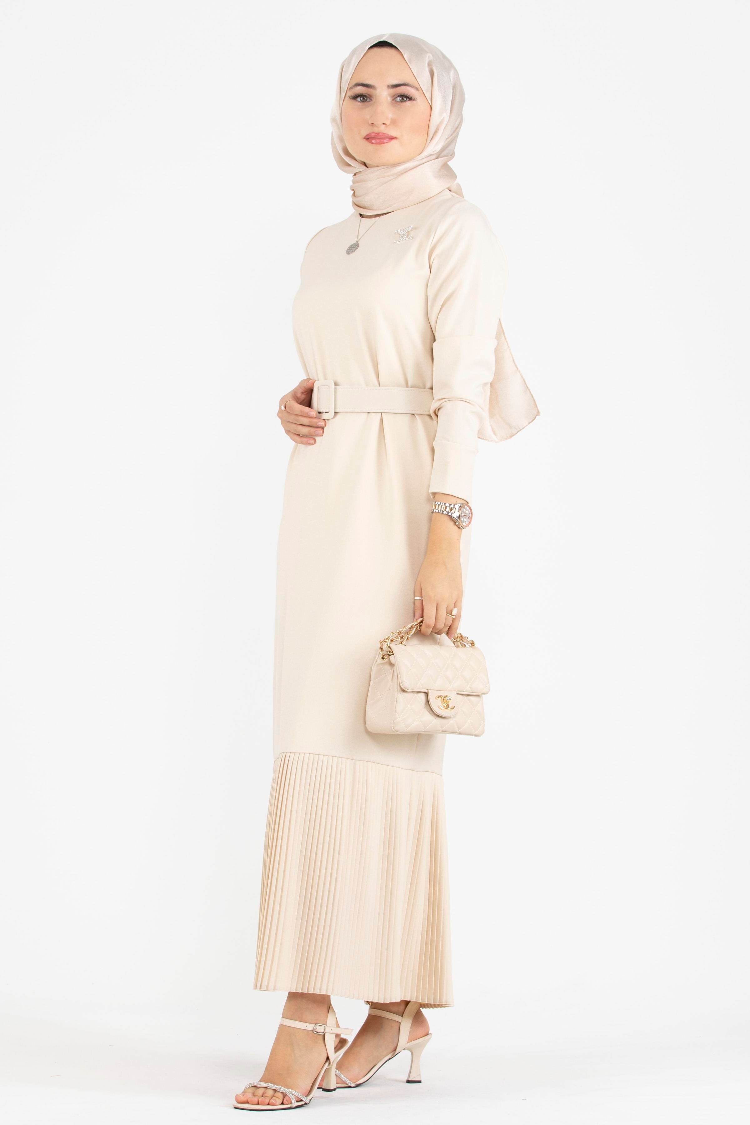 Pleated Detail Belted Dress - Beige