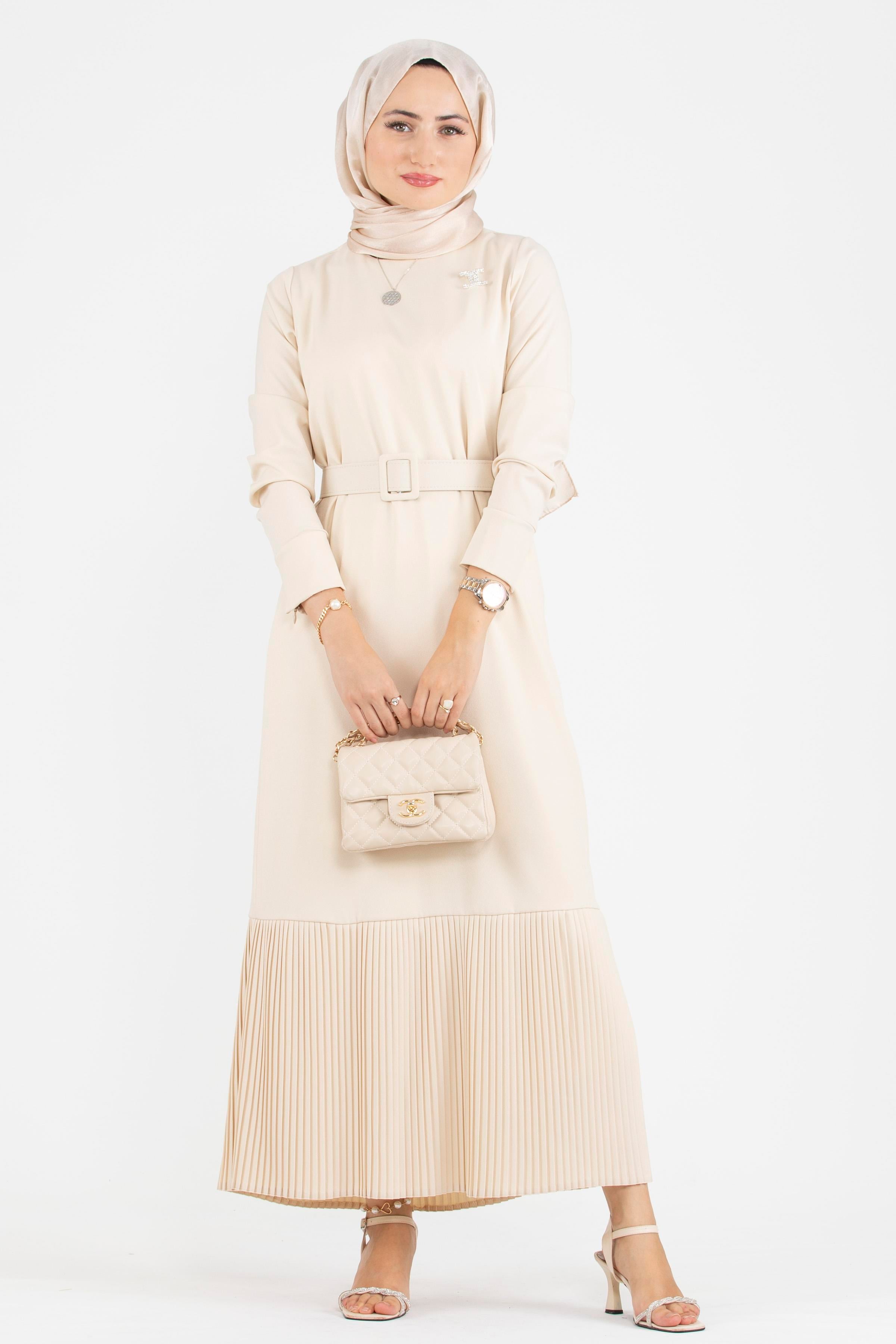 Pleated Detail Belted Dress - Beige
