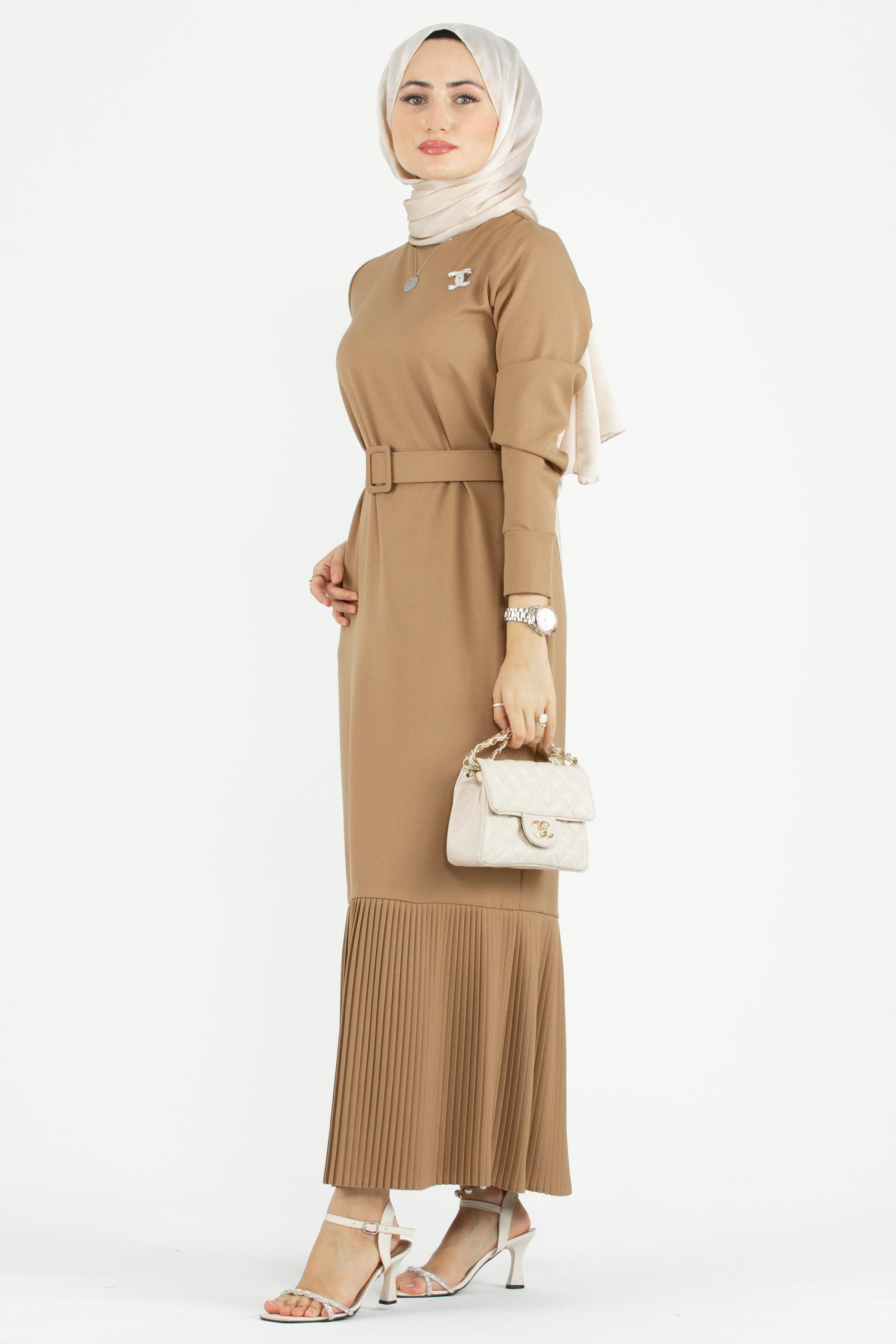 Pleated Detail Belted Dress - Mink