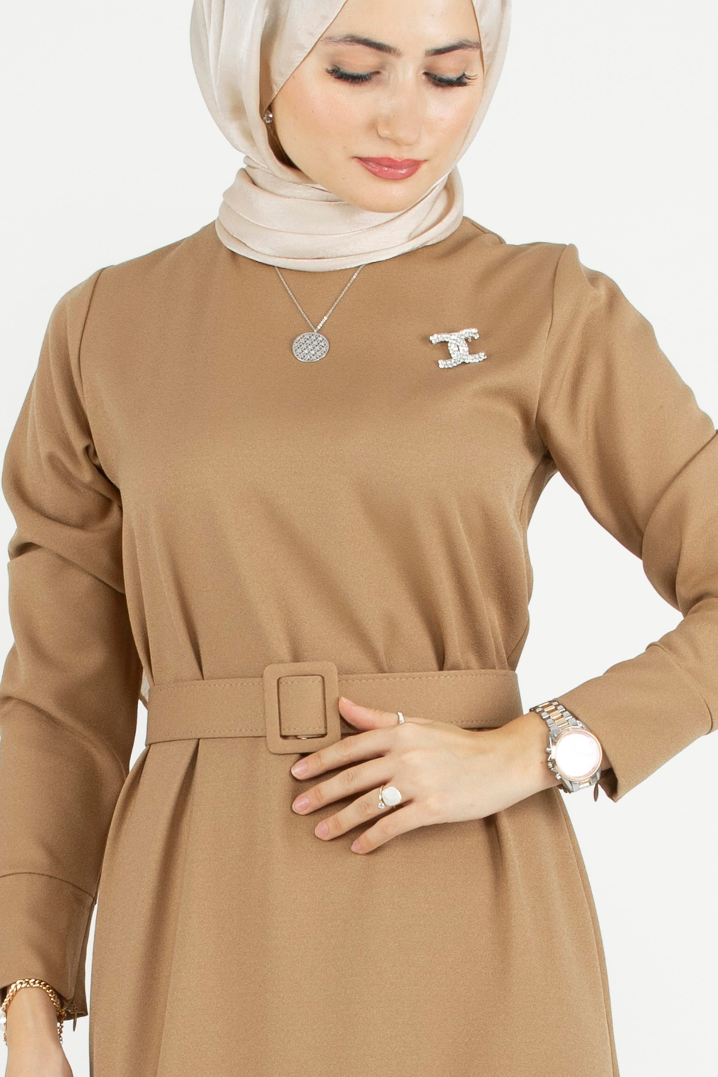 Pleated Detail Belted Dress - Mink