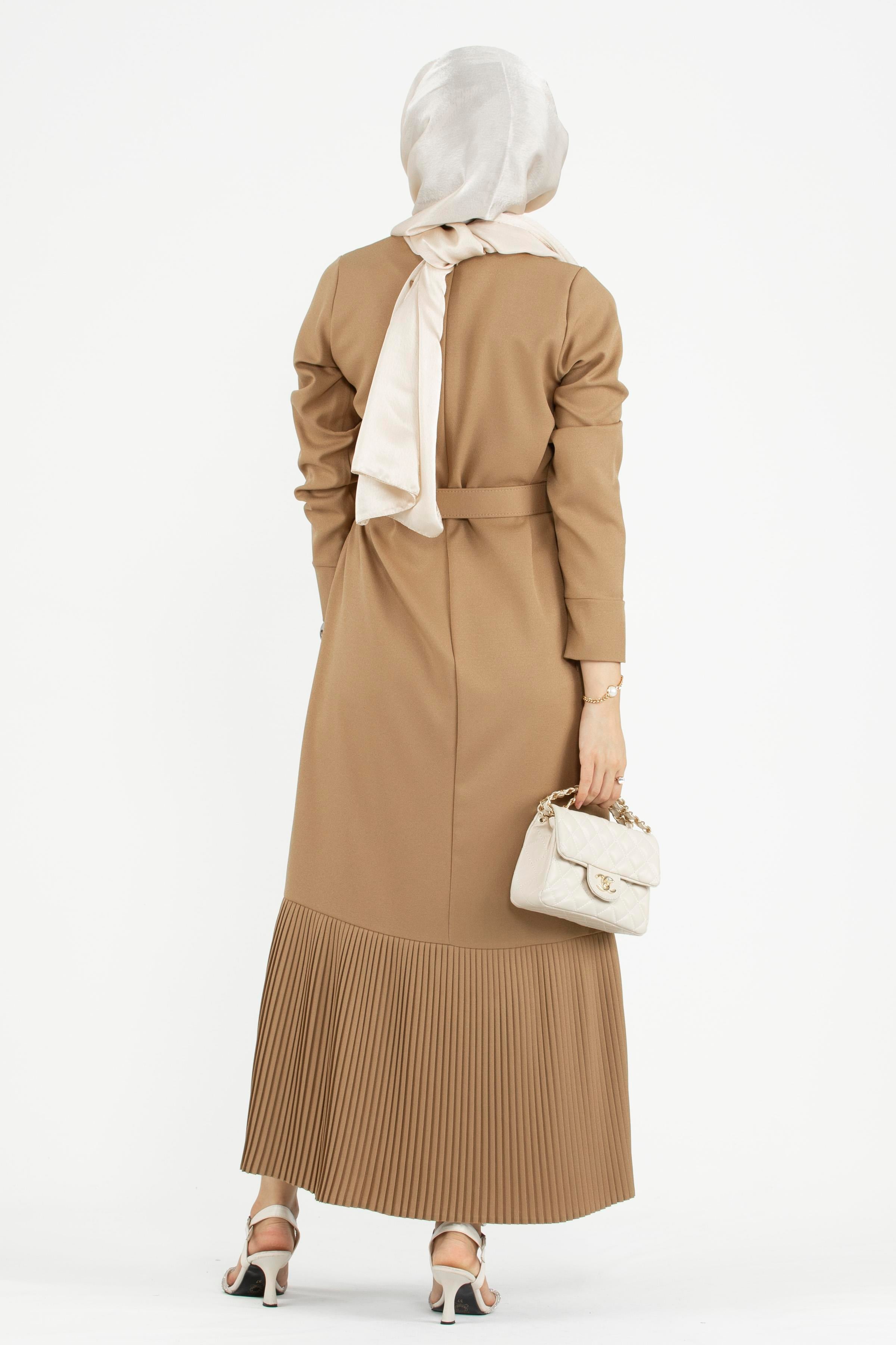 Pleated Detail Belted Dress - Mink