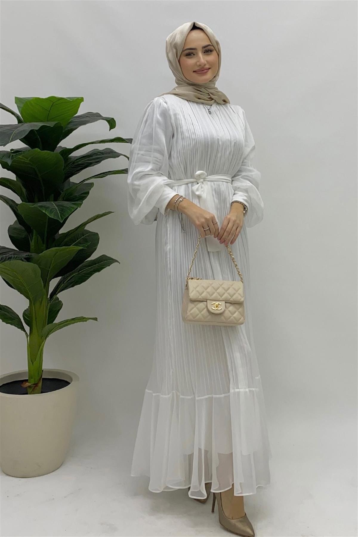 Pleated Dress-White