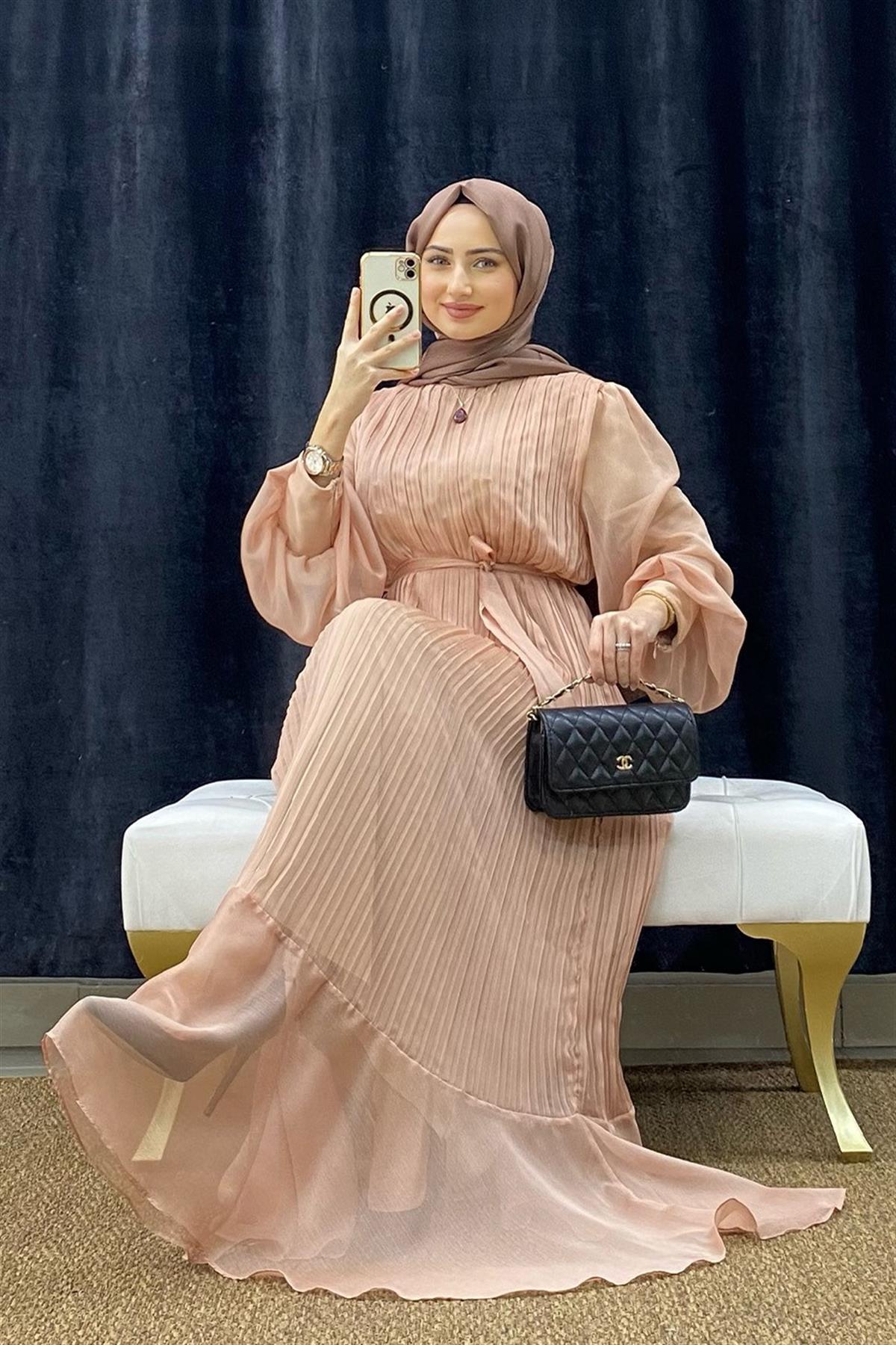 Pleated Dress-powder color
