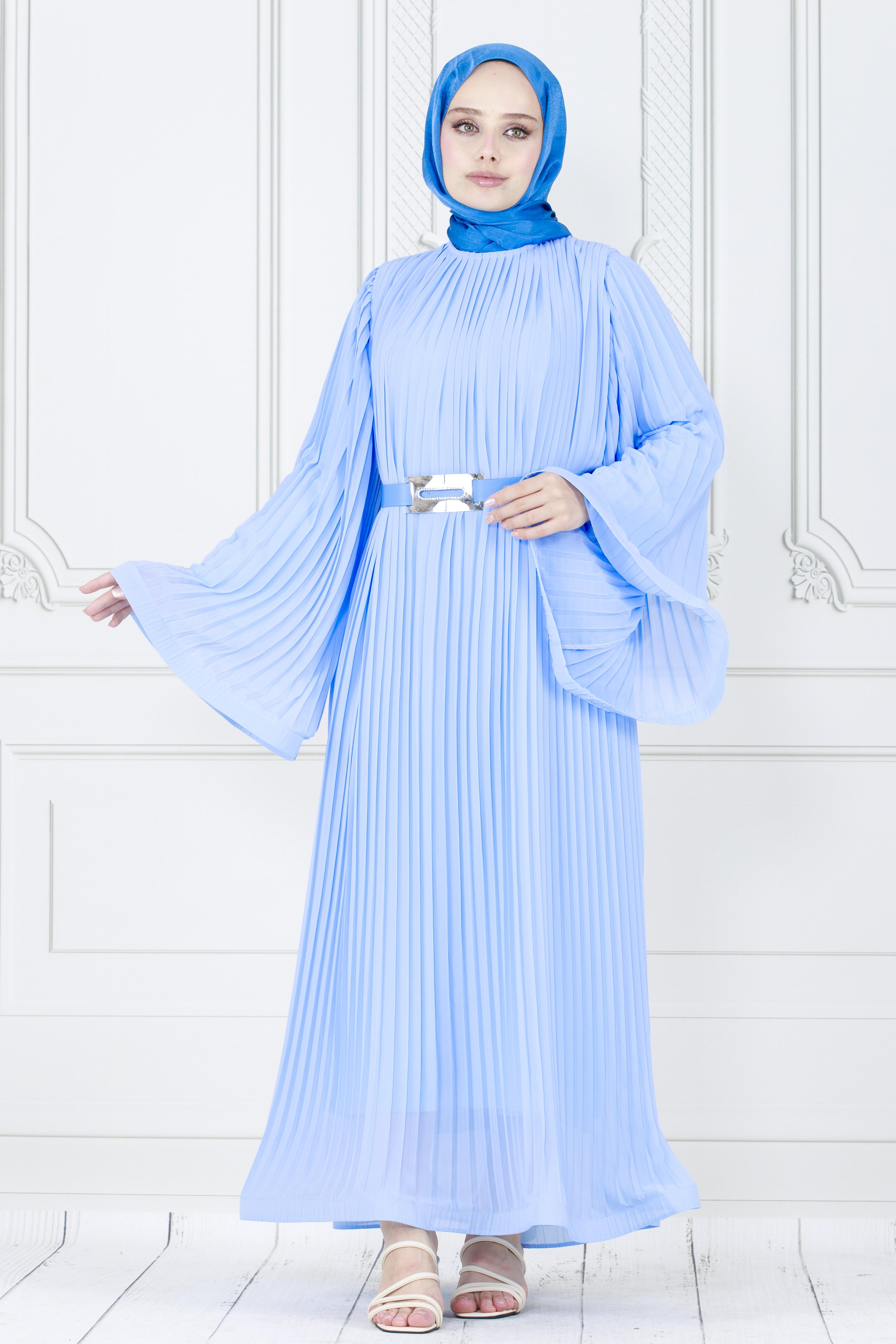 Elegant double pleat dress /clear blue