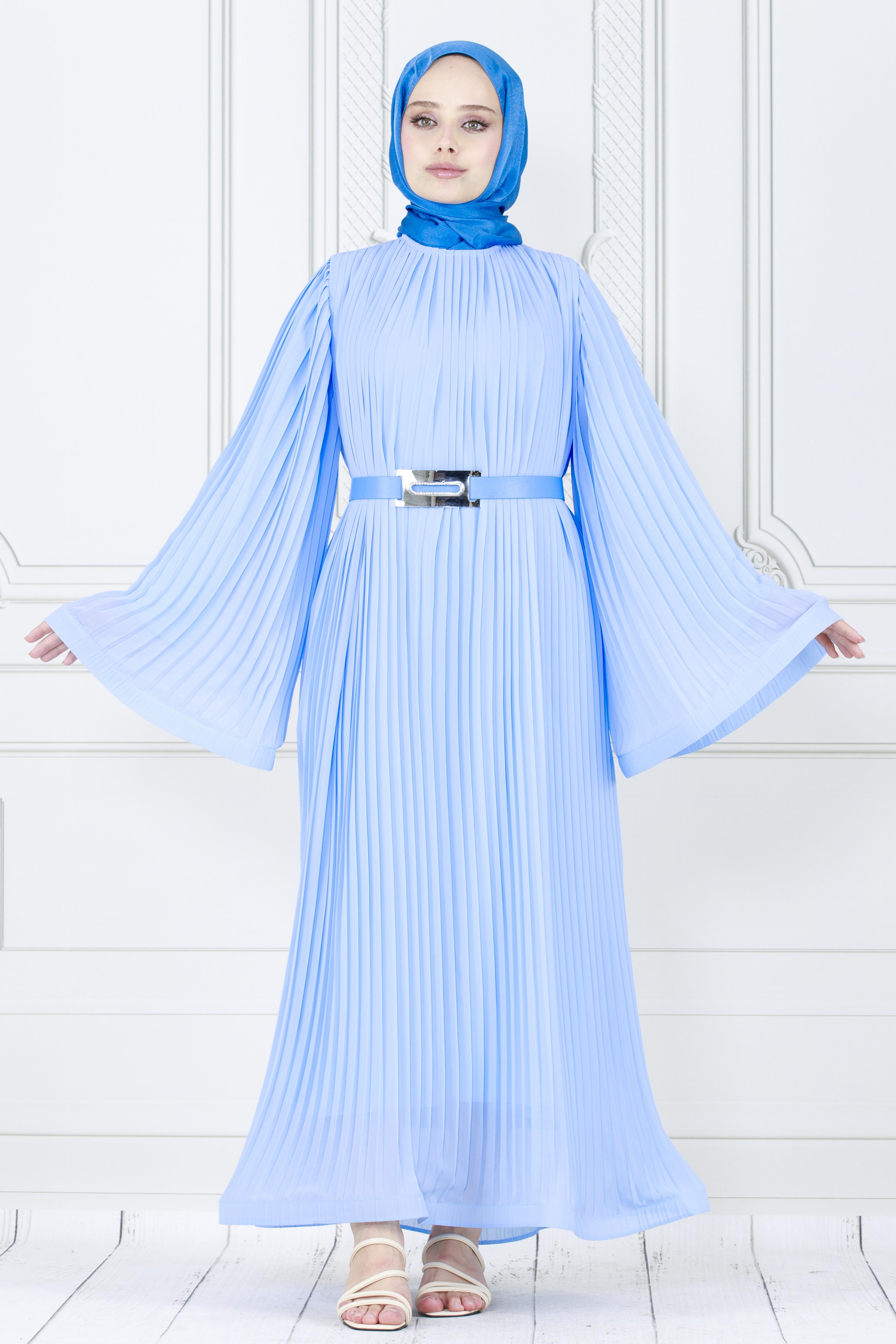 Elegant double pleat dress /clear blue