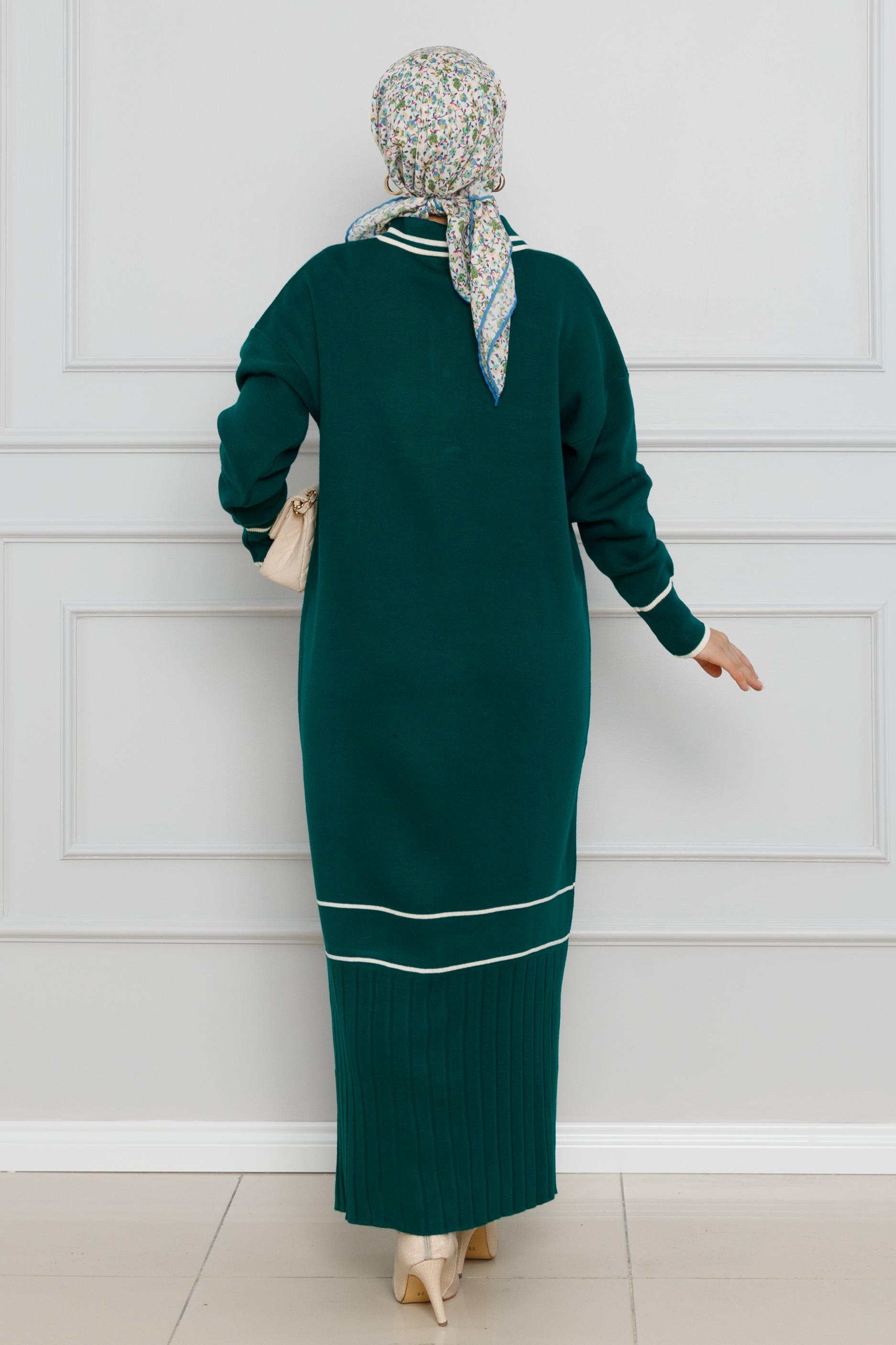 Polo Collar Slit Knit Dress-Petrol color