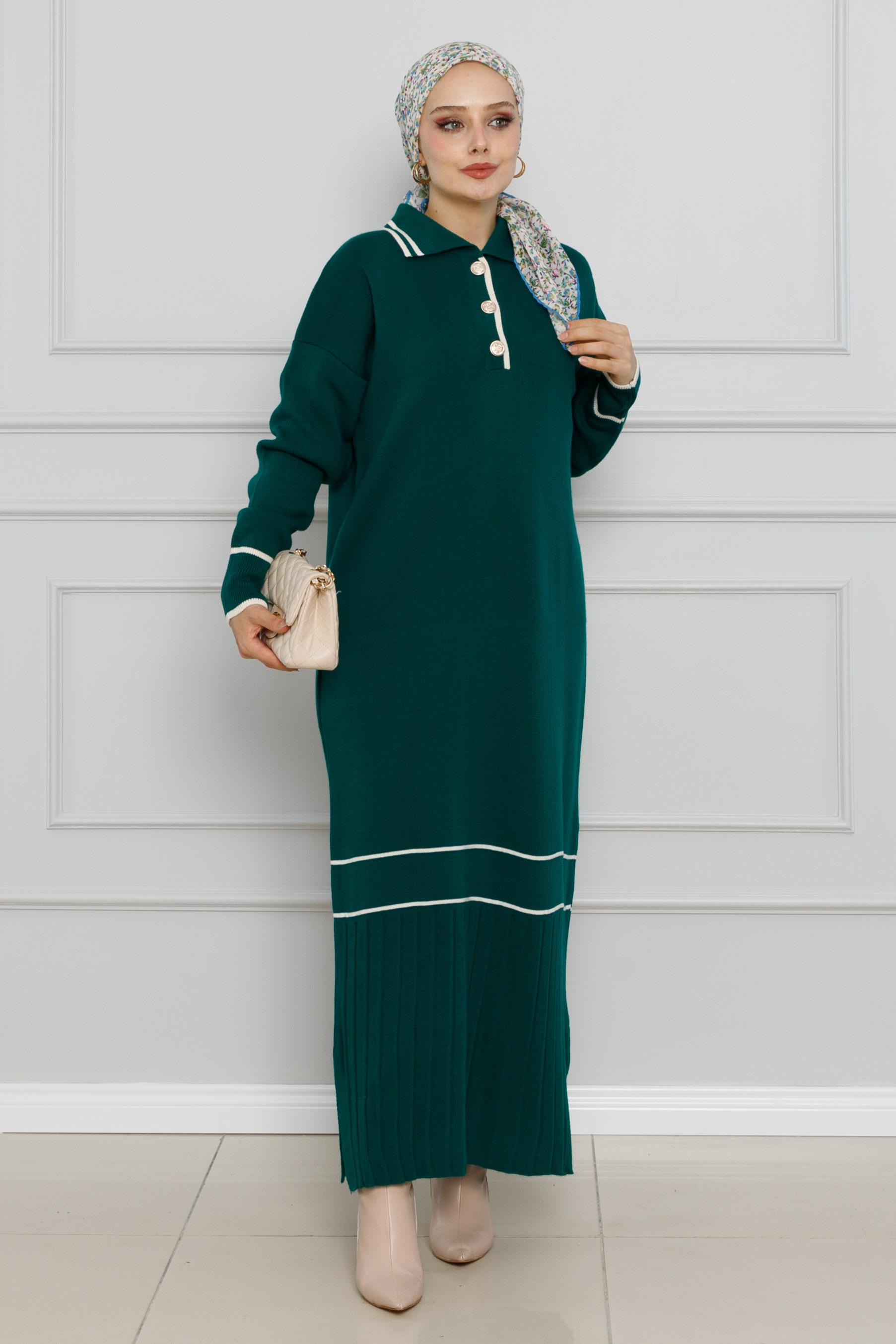 Polo Collar Slit Knit Dress-Petrol color