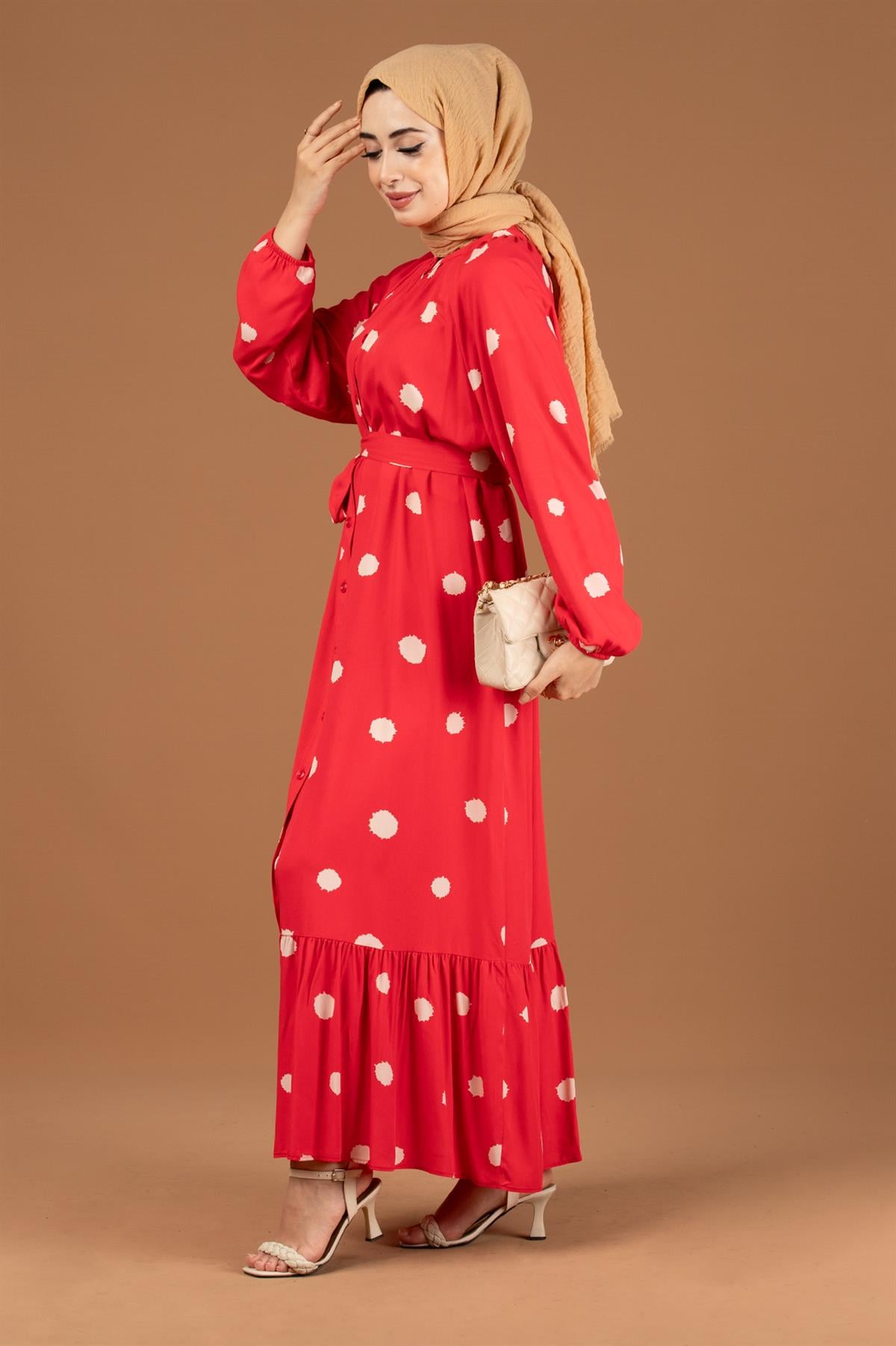 Polka Dot Belted Viscose Dress-Fuchsia