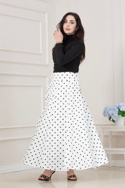 Puantiyeli Maxi Etek-BEYAZ