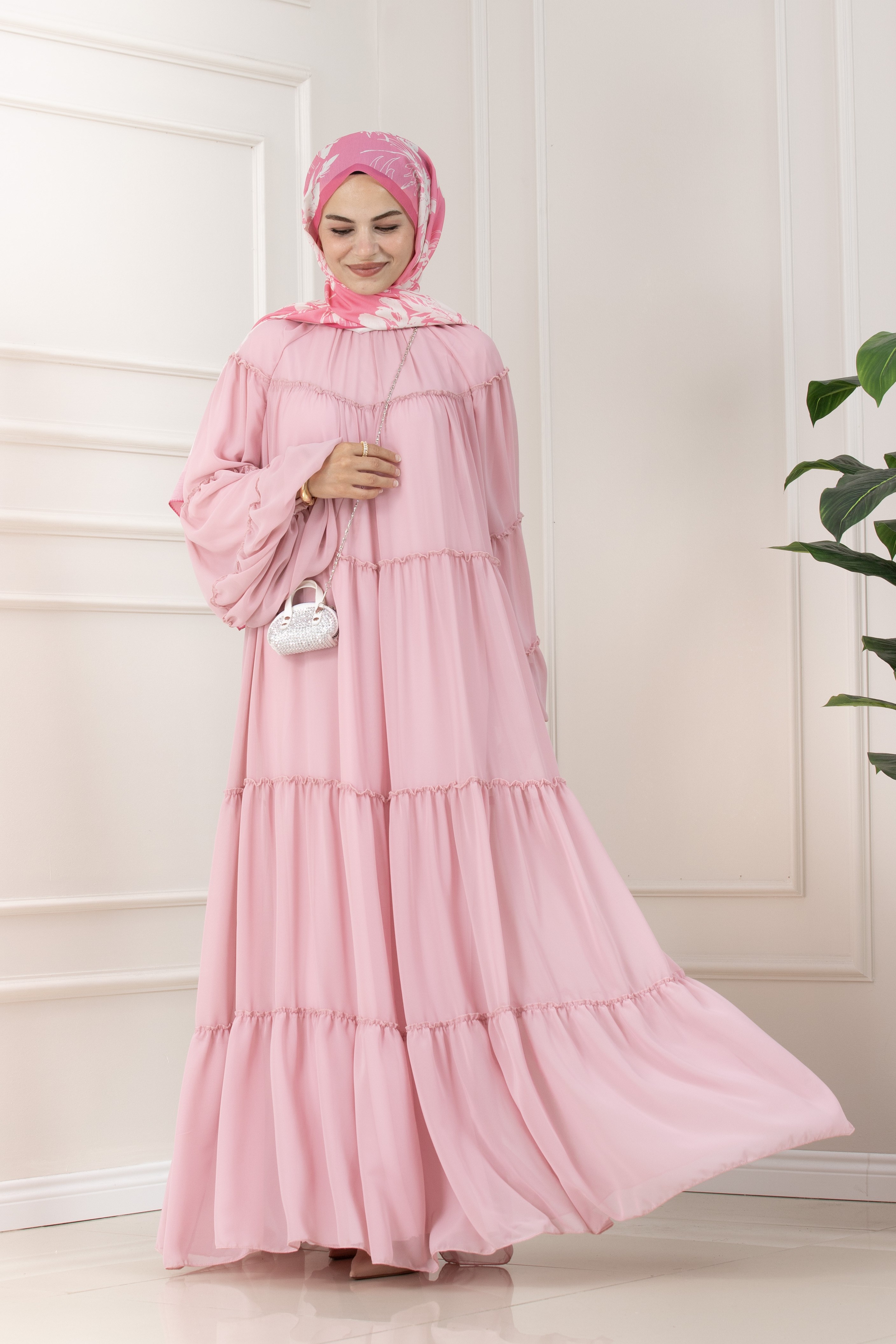Robalı Manolya Şifon Elbise-PEMBE