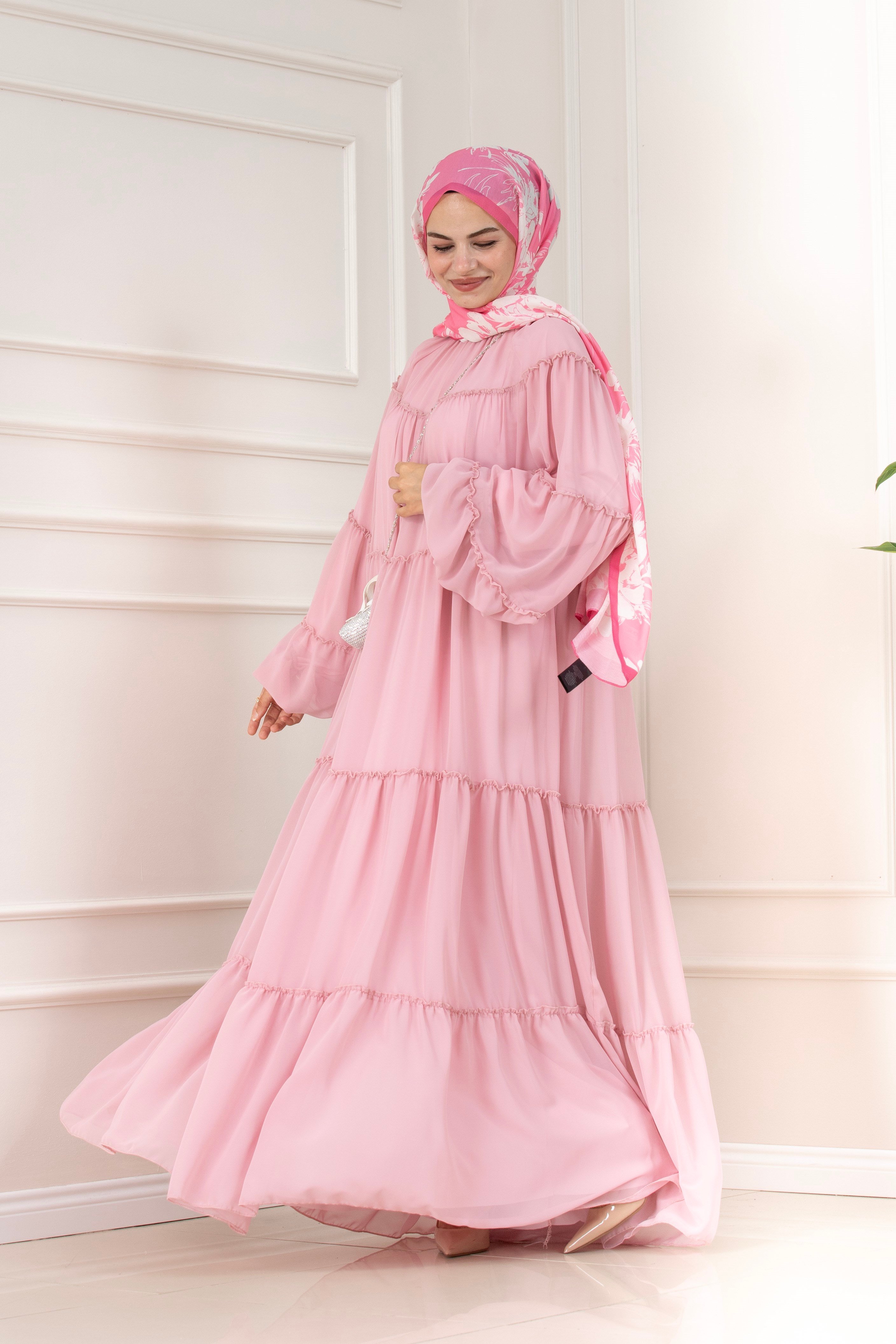 Robalı Manolya Şifon Elbise-PEMBE