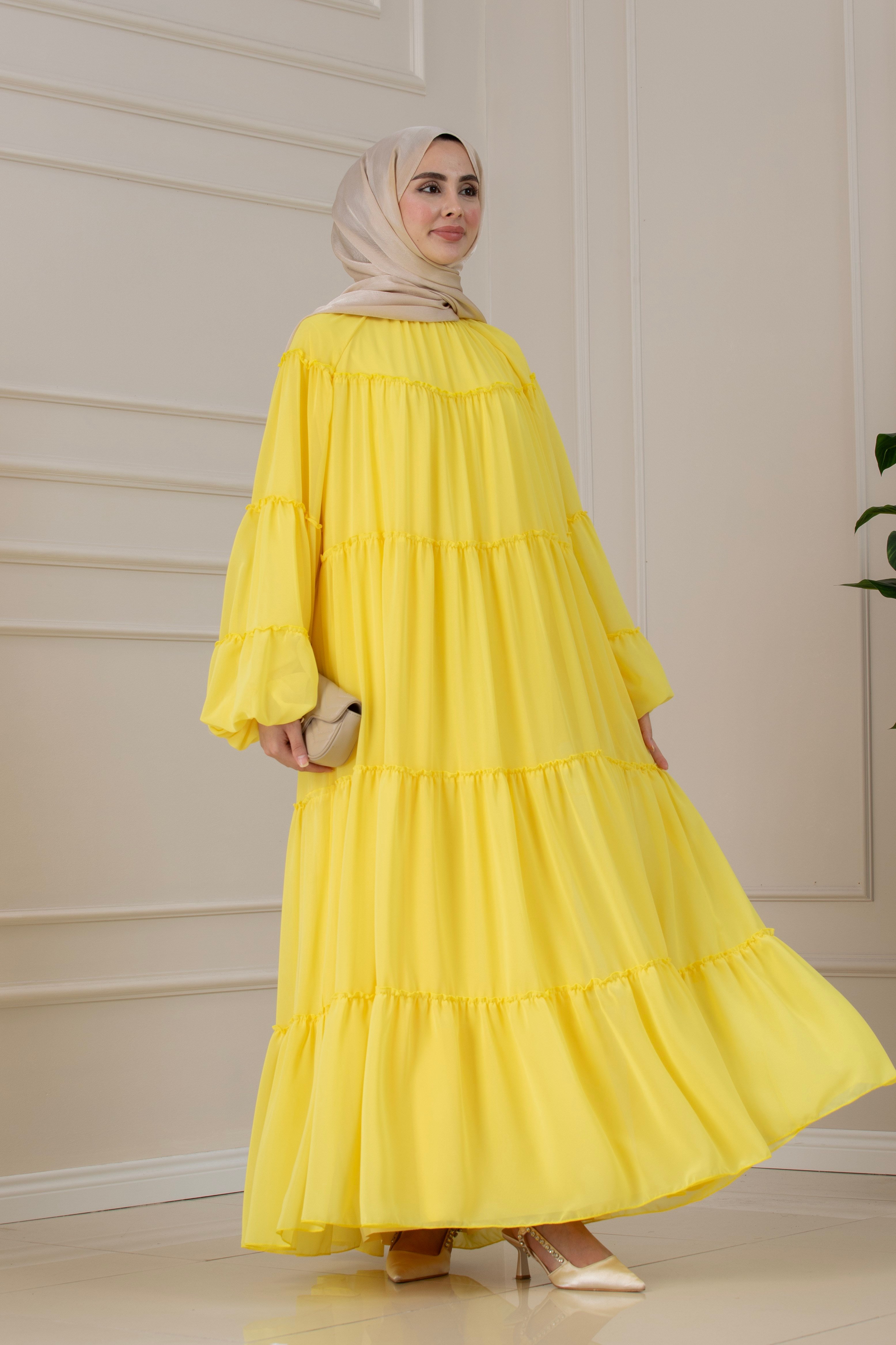 Robalı Manolya Şifon Elbise-SARI