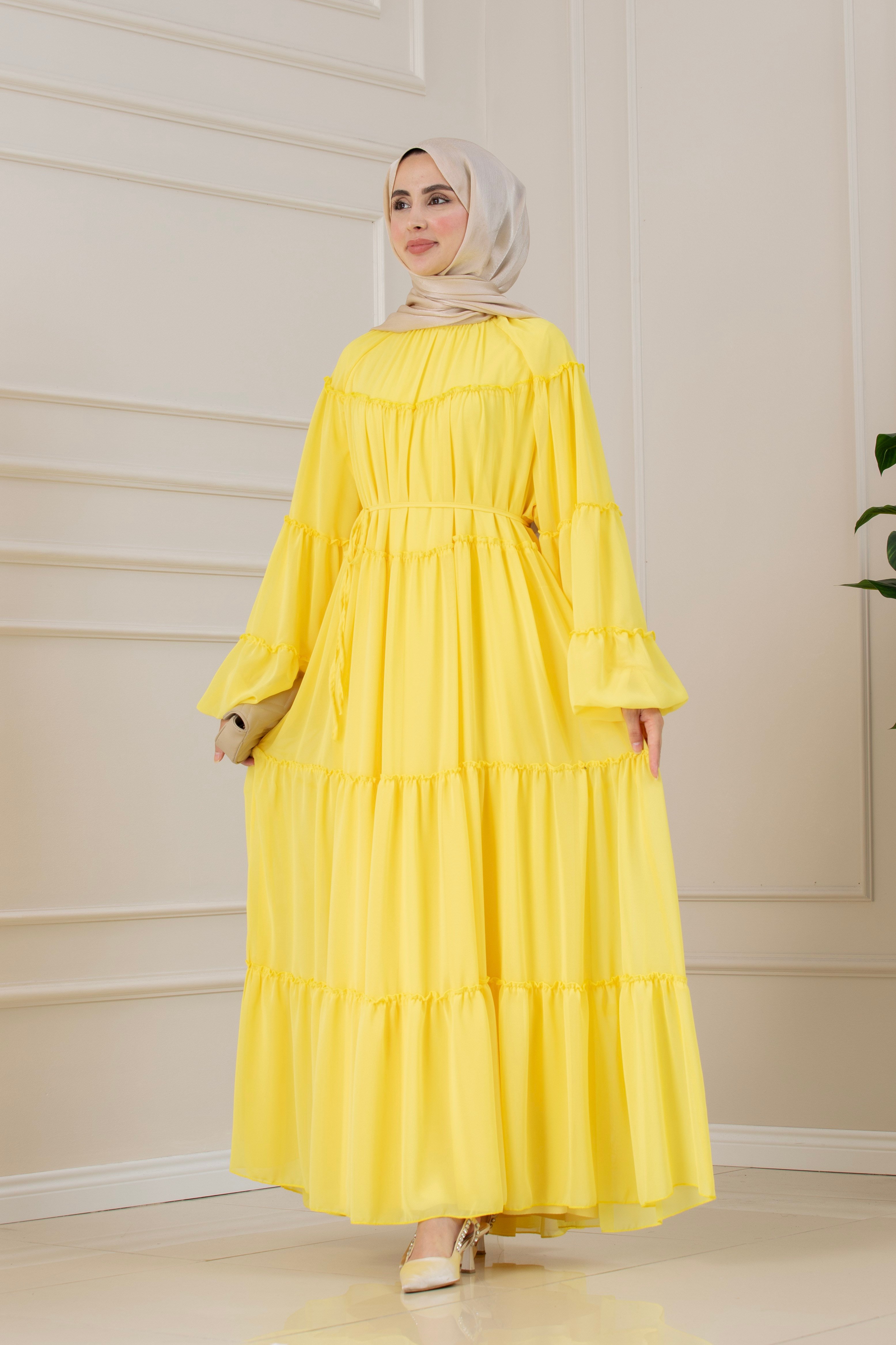 Robalı Manolya Şifon Elbise-SARI