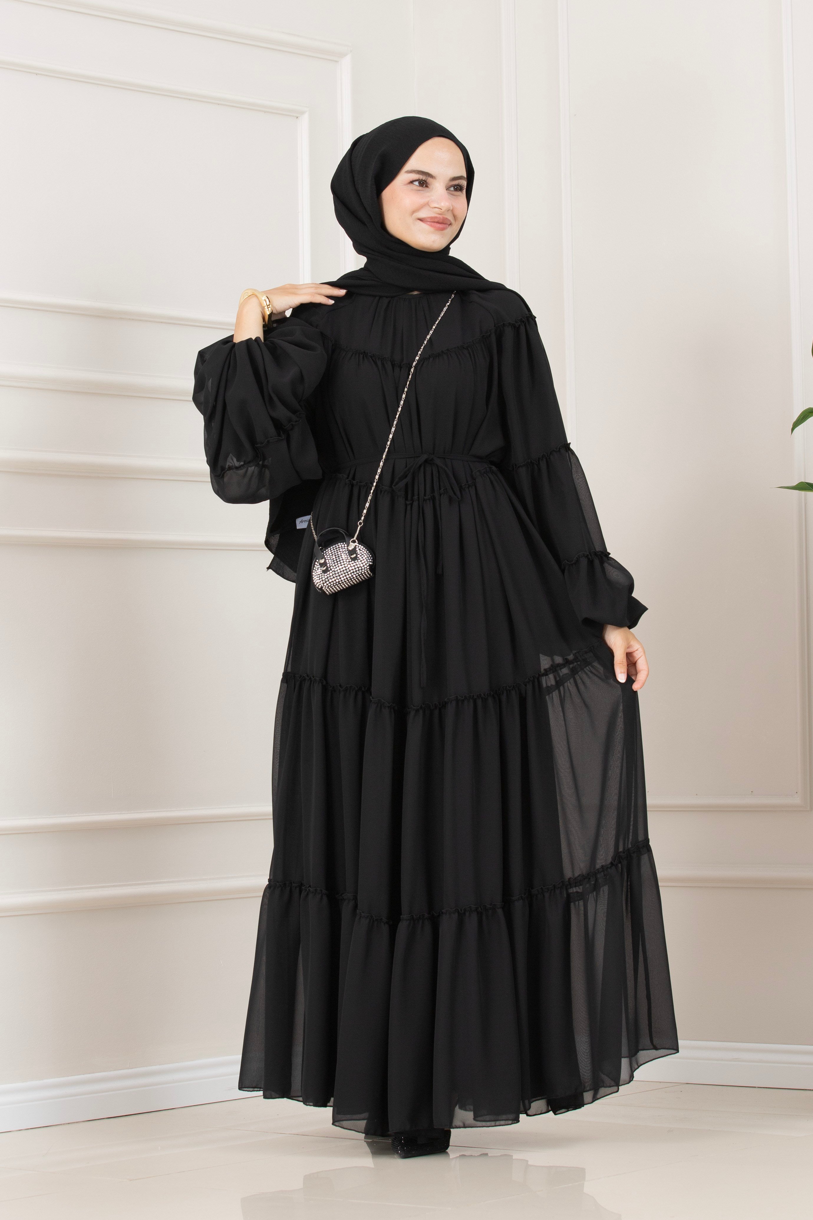 Robalı Manolya Şifon Elbise-SİYAH