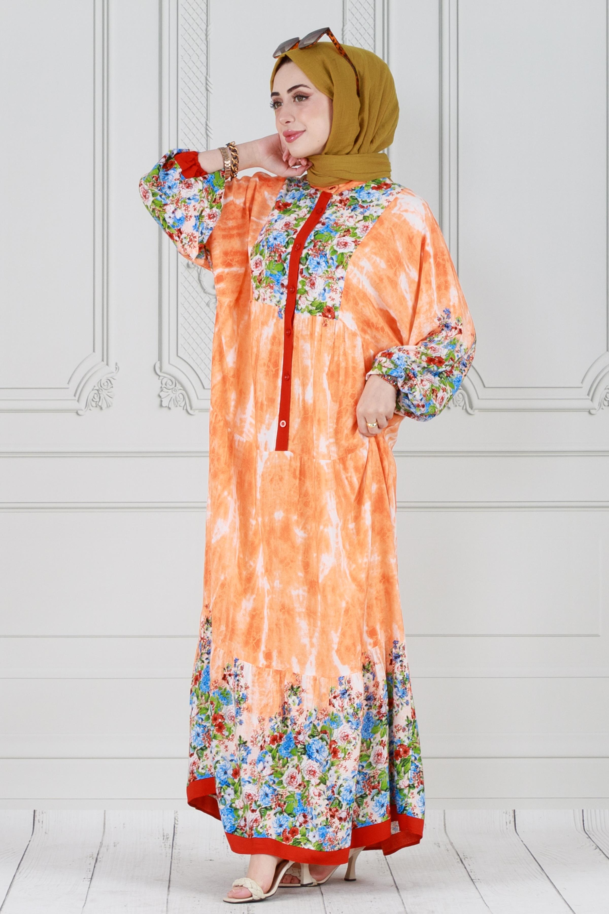 Robalı Manolya Viskon Elbise-Turuncu