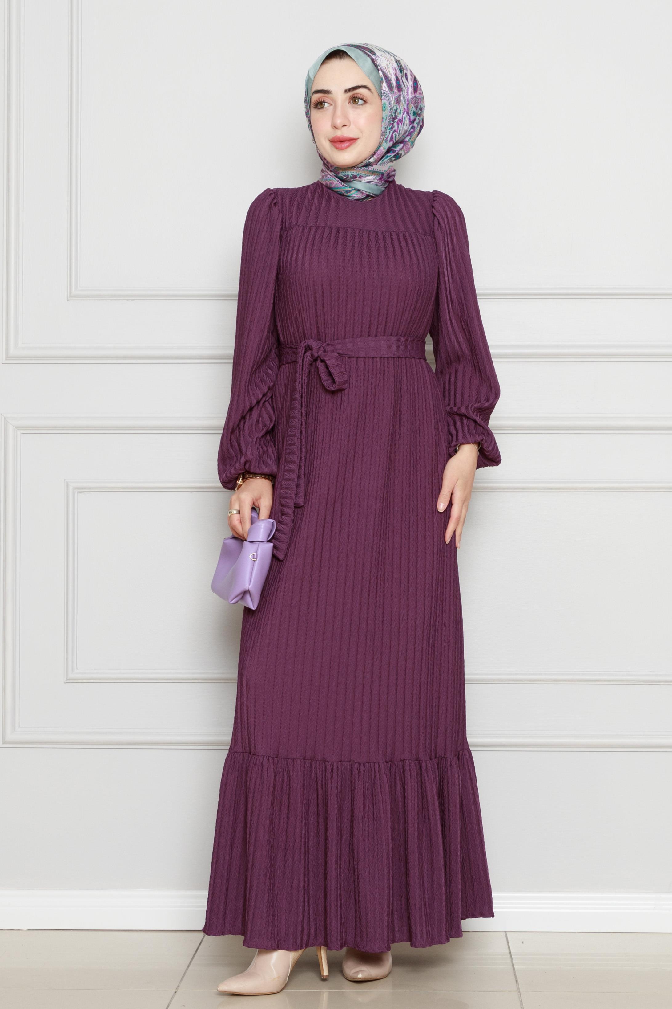 Robalı Sahra Tesettür Elbise-Mürdüm
