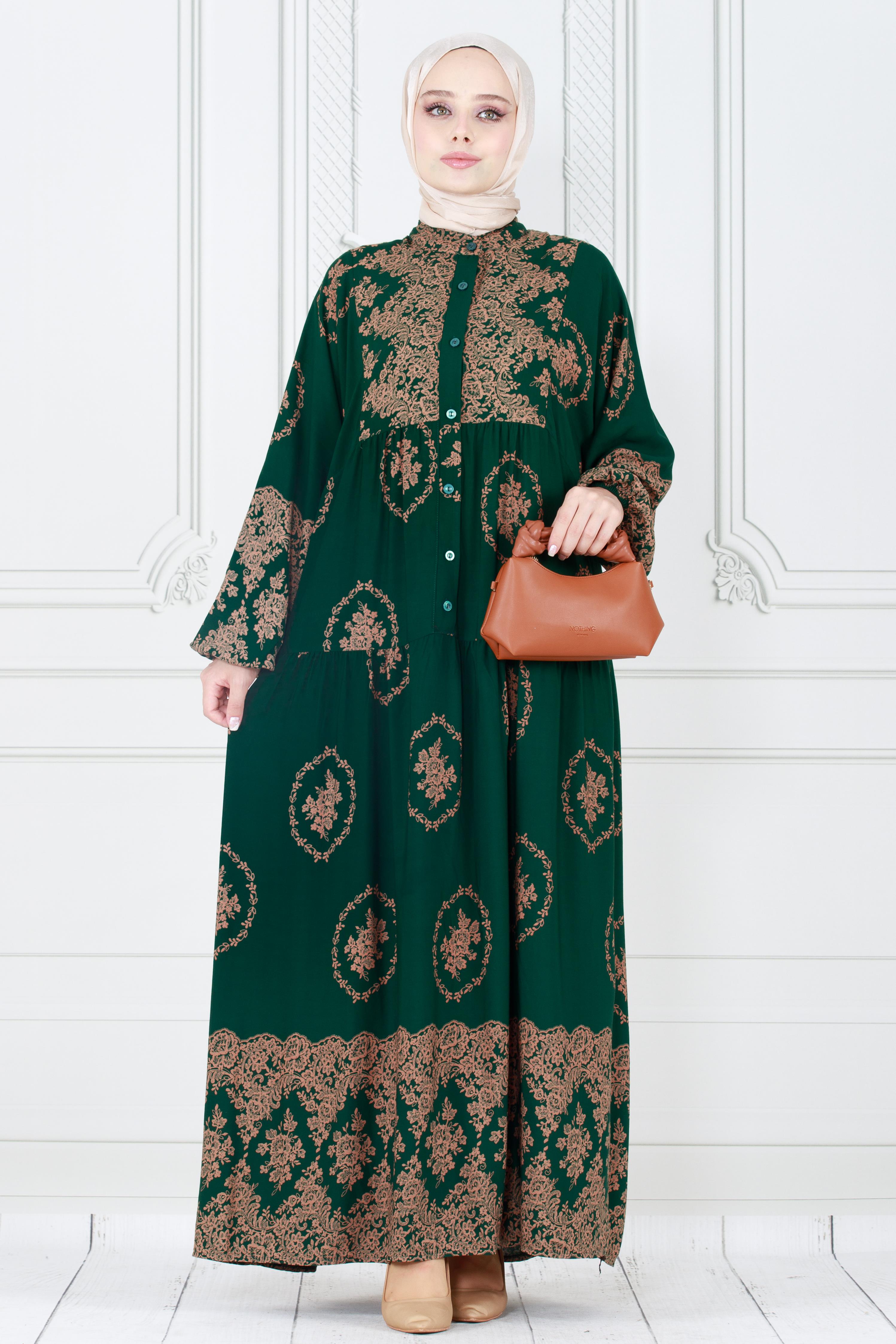 Half Buttoned  Dress-Green