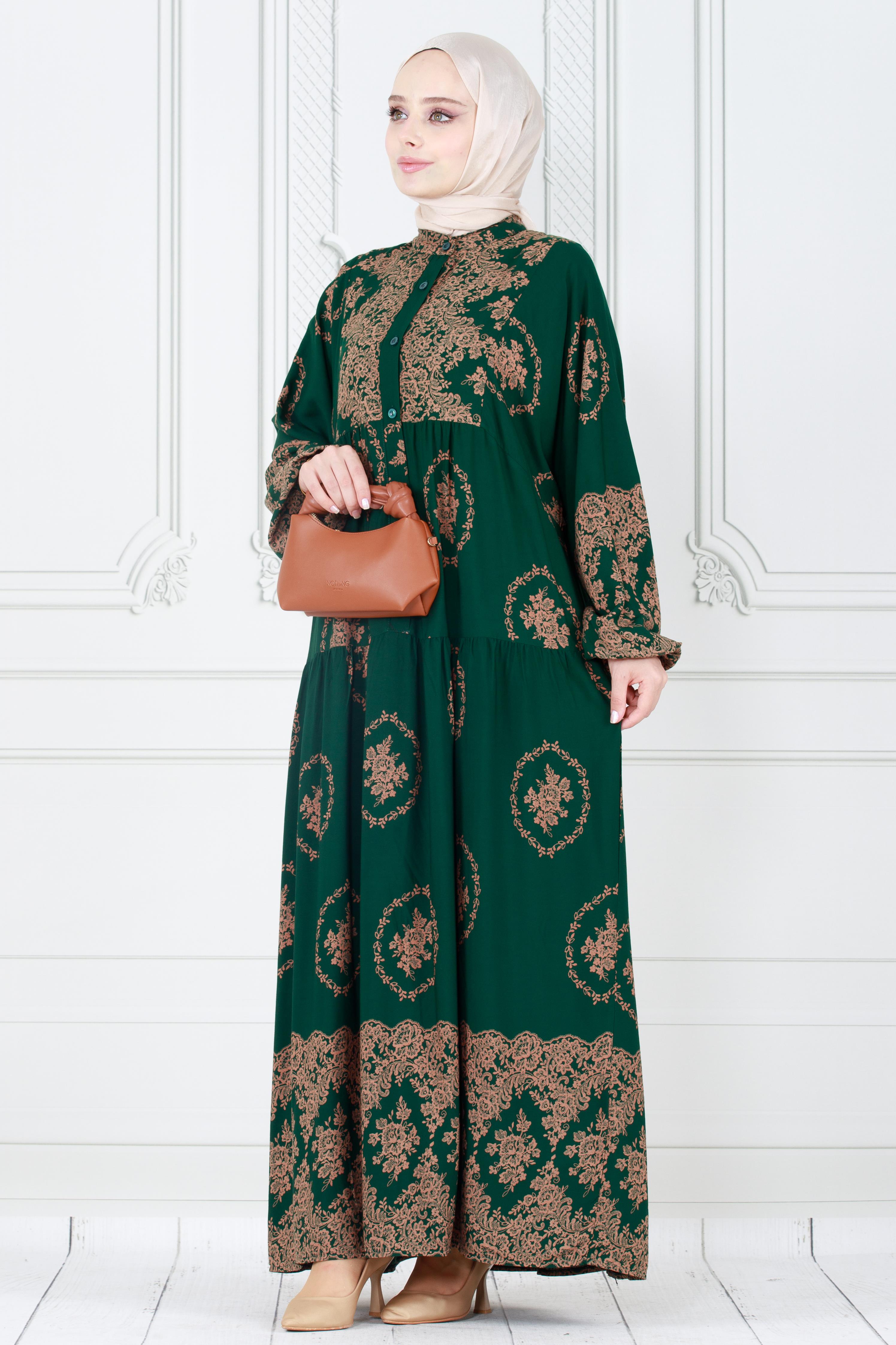 Half Buttoned  Dress-Green