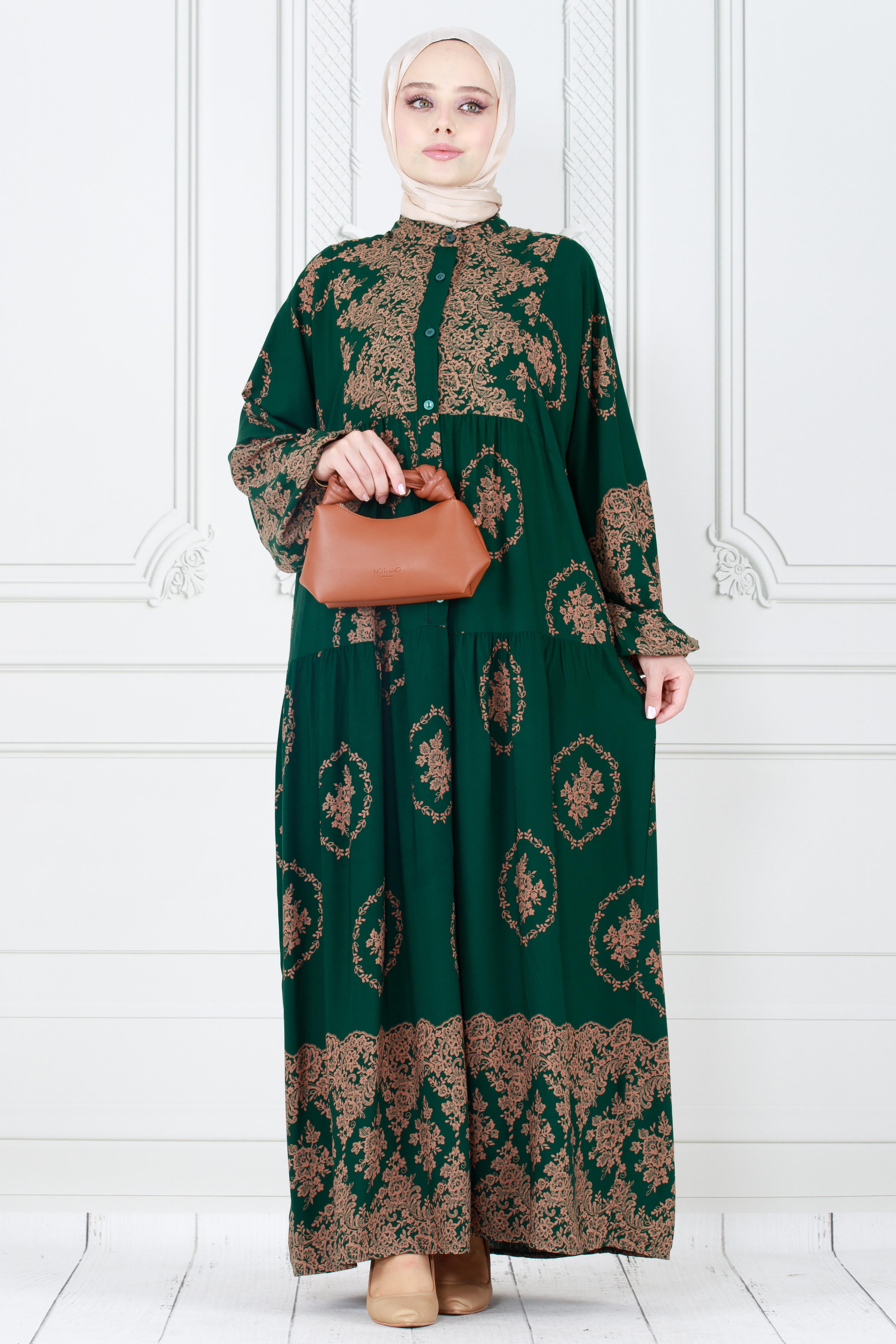 Half Buttoned  Dress-Green