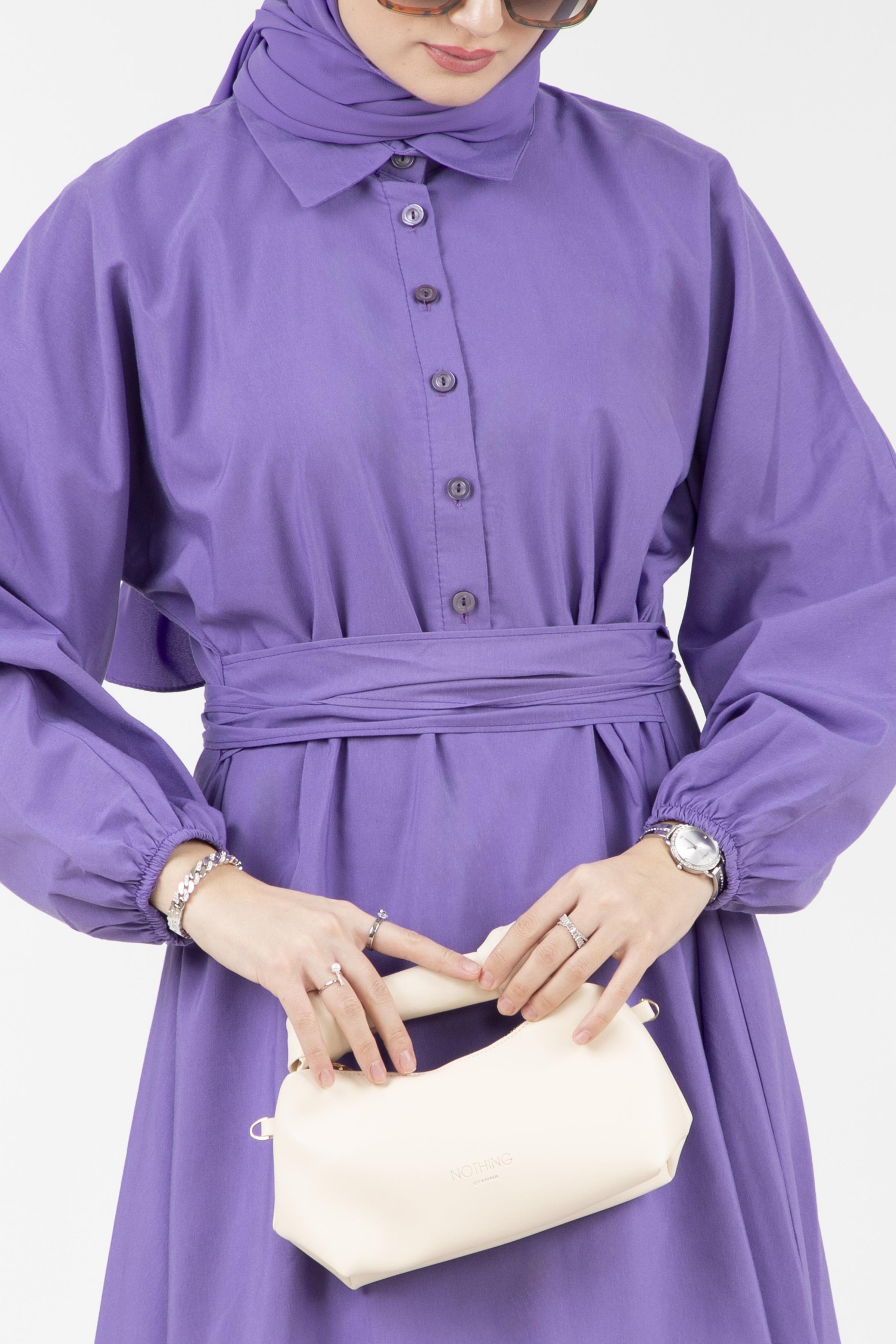 Shirt Collar Dress with Fixed Belt - Purple,