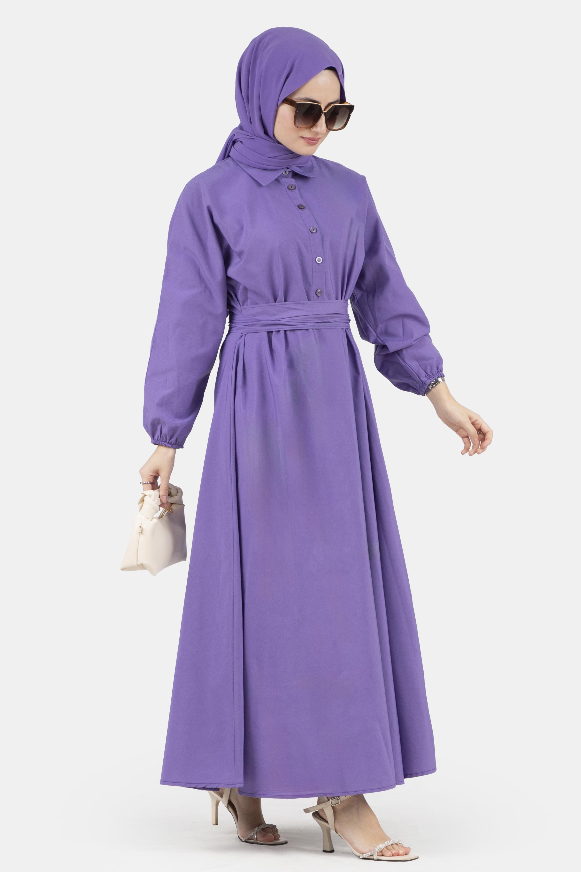 Shirt Collar Dress with Fixed Belt - Purple,