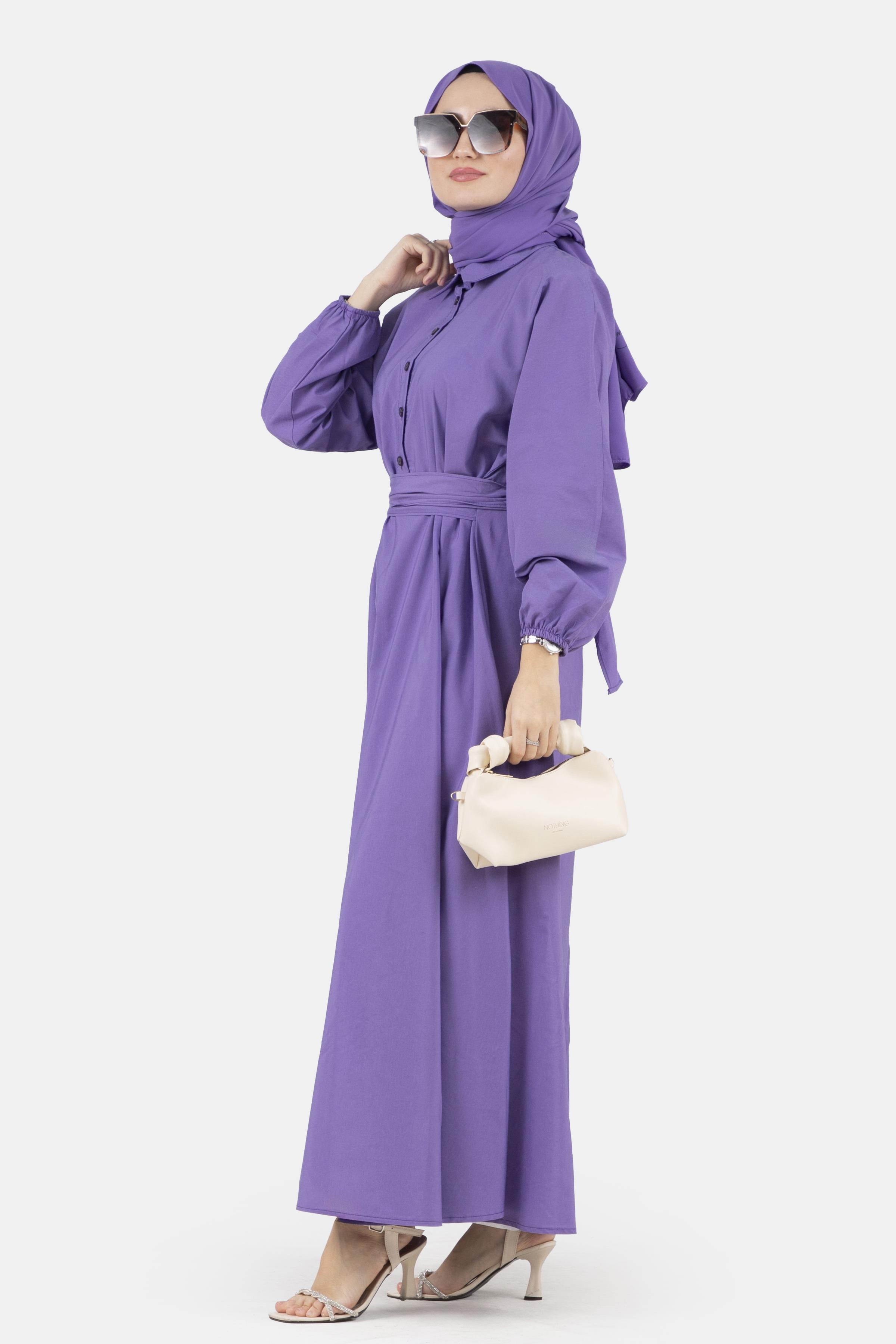 Shirt Collar Dress with Fixed Belt - Purple,