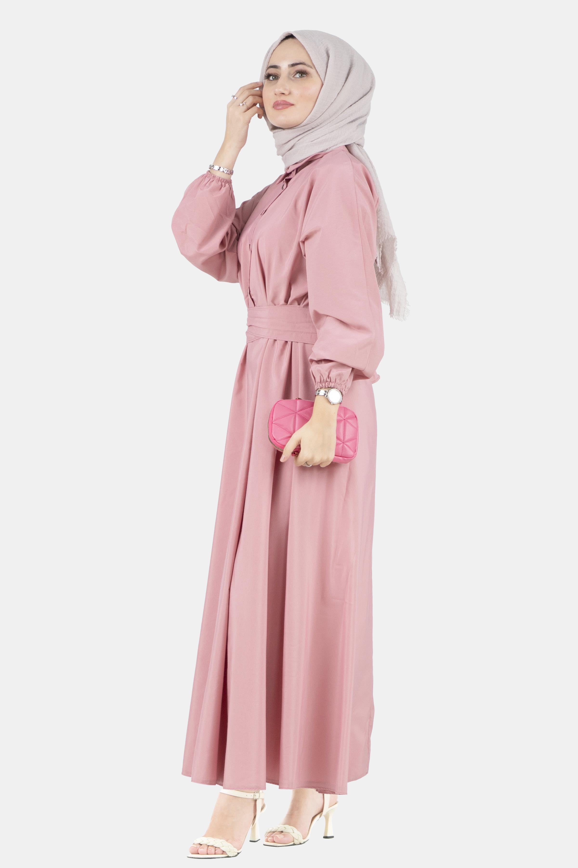Fixed Belt Shirt Collar Dress-Pink